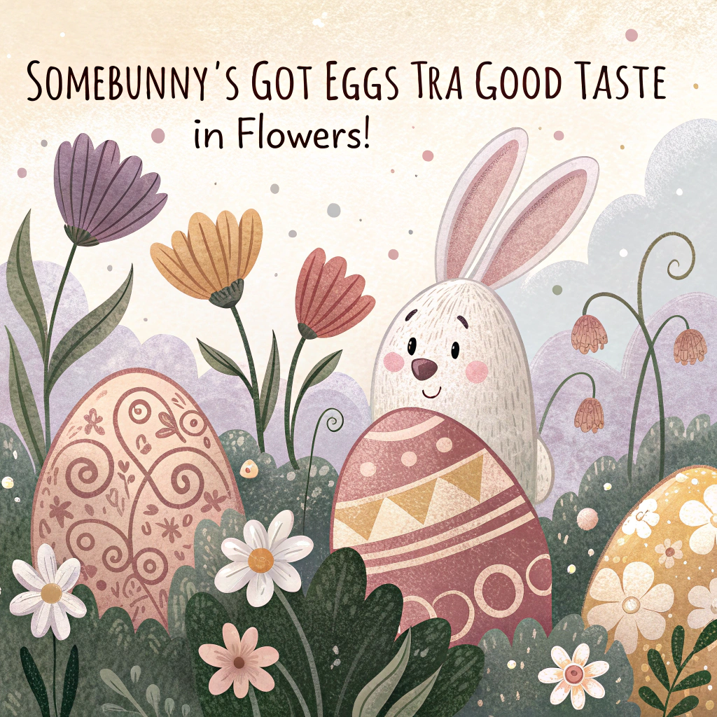 At the top of the image, "Somebunny’s got eggs-tra good taste in flowers!"

- Create a whimsical abstract scene filled with soft pastel swirls and shapes forming suggestions of bunny ears peeking from behind oversized, dreamlike daisies and tulips.
- Delicately speckled Easter eggs float through the composition like bubbles, nestled in curling vines and whimsical leaf forms.
- Incorporate soft, painterly textures and fluid shapes to maintain an abstract yet charming and cheerful tone, perfect for Easter.
- The overall color palette should include blush pinks, butter yellows, mint greens, and lilac purples to convey springtime joy and cuteness.
Generated with these themes: Cute Easter card with rabies flowers and eggs .
Made with ❤️ by AI.