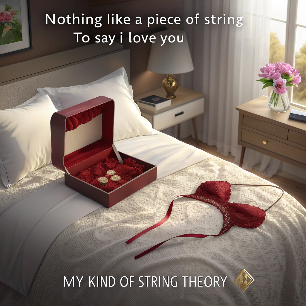 At the top of the Photorealistic picture taken from a camera image, "Nothing like a piece of string to say I love you"

At the bottom of the image, "My kind of string theory."

Ultra-high-definition 4K UHD, true-to-life photograph with accurate lighting, lifelike textures, and rich depth of field. Scene: a cozy, sunlit bedroom. Center stage on a crisp white duvet sits an open scarlet satin gift box; a tasteful, folded red lace “string” lingerie thong peeks out. Its delicate strap trails across the duvet, cleverly forming a heart shape. A mischievous British Shorthair cat on the bed gently tugs the strap with one paw, eyes wide and playful, adding the comic beat. Soft-focus background: a bedside table with a vase of red roses, a small handwritten heart-shaped tag reading “For You,” and warm fairy lights creating subtle heart-shaped bokeh.

Camera aesthetics: 50mm prime lens, f/2, ISO 200, 1/250s; shallow depth of field crisply locking focus on the heart-shaped strap and the cat’s paw, with buttery bokeh behind. Natural golden-hour window light from the left gives soft highlights on the lace and satin, rich shadow detail, and tactile fabric textures.

Typography: Top line in bold cherry-red modern script with a gentle drop shadow for legibility; bottom quip in clean white sans-serif, small and cheeky, aligned bottom-center. Palette of warm reds, creamy whites, and soft wood tones for a romantic, humorous vibe. Tasteful, playful lingerie theme without explicitness.
Generated with these themes: Lingerie , and .
Made with ❤️ by AI.