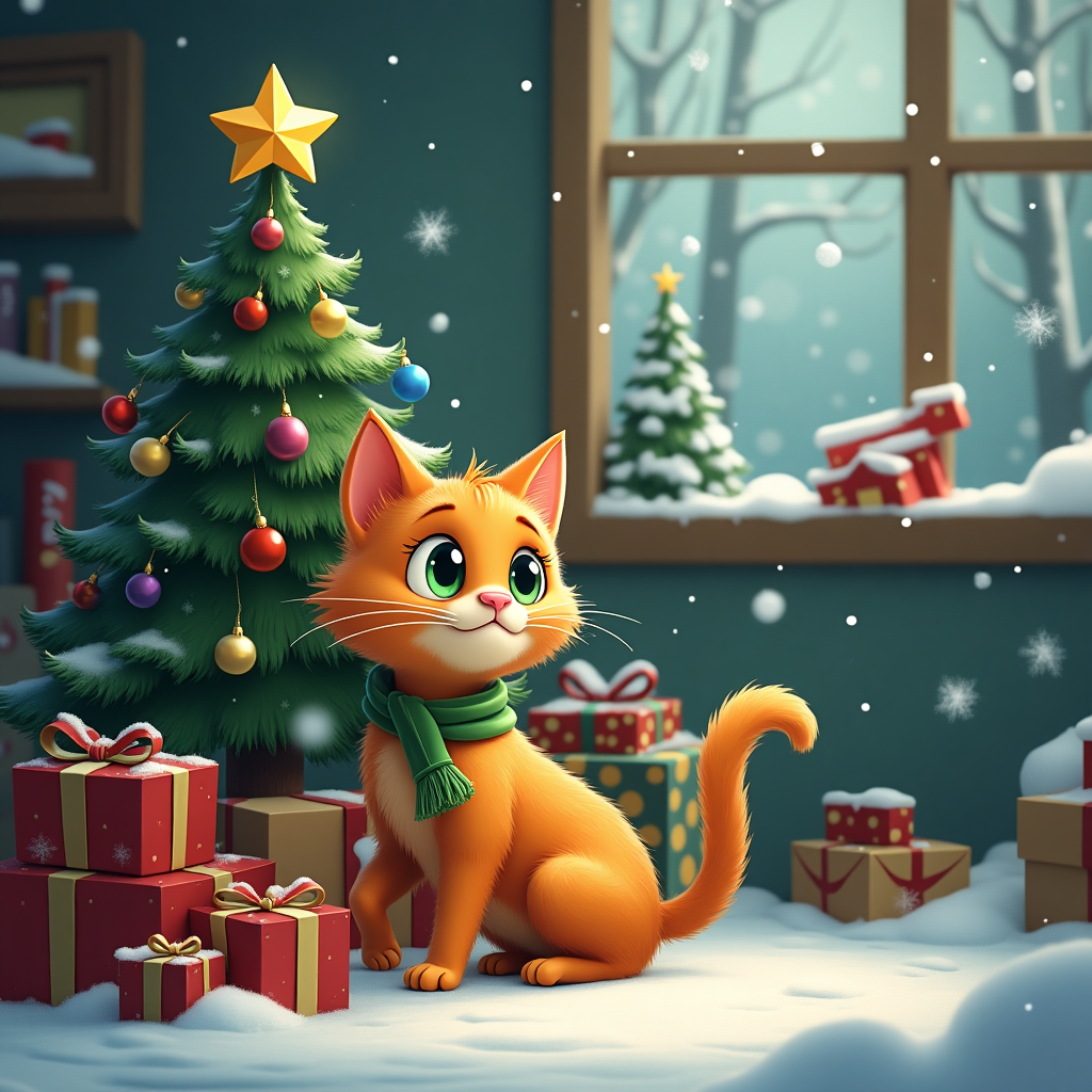 In a whimsical winter wonderland, a charming cartoon adult domestic shorthair cat with a sleek ginger coat and striking green eyes prances through a room filled with Christmas cheer. The cat, with its mischievous grin, sits beside a pile of wrapped presents beneath a towering Christmas tree adorned with sparkling baubles and a shining star on top. Snow gently falls outside the window, adding to the magical holiday atmosphere.
.
Made with ❤️ by AI.