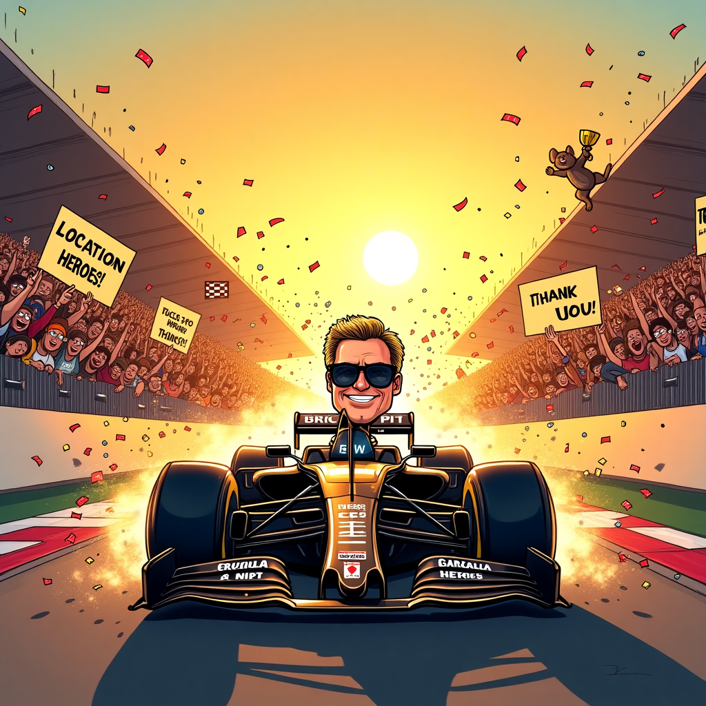**Prompt:**

Create a vibrant and humorous cartoon illustration of a dramatic Formula 1 Grand Prix finish at sunset. In the center, a sleek black and gold APXGP F1 car crosses the finish line, tires screeching, with cartoon Brad Pitt behind the wheel wearing oversized sunglasses and flashing a cheeky Hollywood grin. The golden sunlight reflects off the car as confetti explodes around it. In the stands, a wildly excited, cartoon-style crowd holds up funny and heartfelt signs that read: "LOCS LEGENDS!", "LOCATION HEROES!", and a giant sparkly "THANK YOU!". Add little comedic touches — like a crew member in the pit jumping up and down holding a trophy that’s way too big, and a squirrel with a mini checkered flag on the barrier. The overall mood should be celebratory, silly, and filled with gratitude, all with a warm sunset glow bathing the entire scene.
Generated with these themes: the black and gold F1 car from the APXGP team wins a F1 Grand Prix at sunset in front of a cheering crowd.  Brad Pitt is driving the car.  The crowd hold up signs which say LOCS LEGENDS and LOCATION HEROES and THANK YOU..
Made with ❤️ by AI.