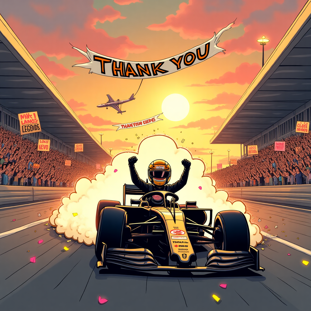 The black and gold F1 car from the APXGP team wins a F1 Grand Prix at sunset in front of a cheering crowd.  Brad Pitt is driving the car.  The crowd hold up signs which say LOCS LEGENDS and LOCATION HEROES and THANK YOU. Thank-you Card