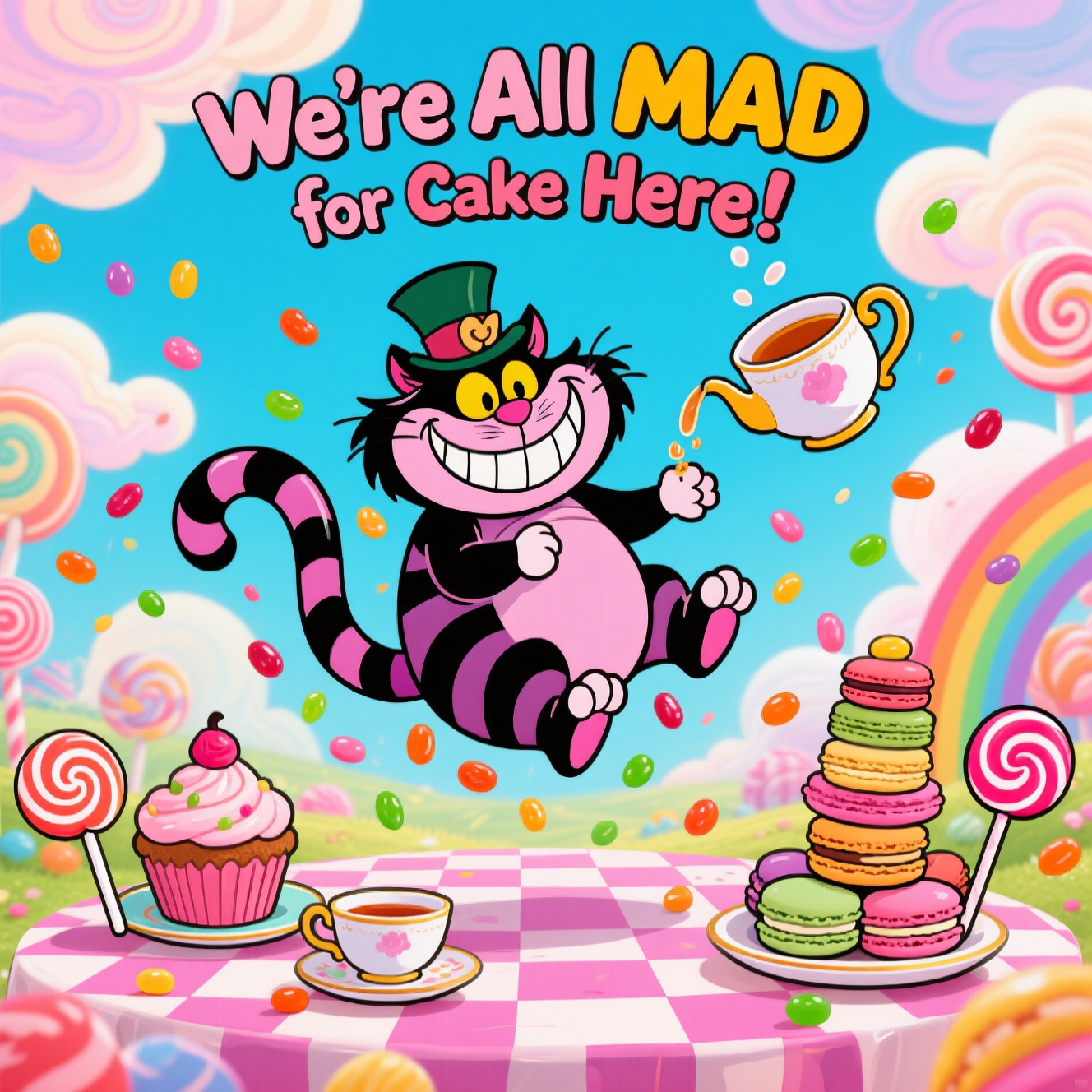 Here’s your image prompt for the greetings card:  

---

**Prompt:**  
A brightly colored, cartoon-style scene of the Cheshire Cat from Alice in Wonderland, sitting in mid-air with his big mischievous grin, tail curled like a candy cane, surrounded by a floating tea set and piles of oversized sweets — giant cupcakes, teetering stacks of macarons, lollipops twice his size, and jellybeans raining down. The Mad Hatter’s teacup hovers nearby, pouring tea into thin air. Everything is exaggerated, with thick black outlines, bold saturated colors, and a playful, slightly chaotic energy. The background is a whimsical candy-land wonderland with swirling pastel clouds and a rainbow checkerboard table.  

At the top of the scene in fun, bouncy cartoon lettering:  
**"We're All MAD for Cake Here!"**  

---  

Would you like me to also give you **three alternative funny captions** so you have some choice for the text?
Generated with these themes: Alice in wonderland cheshire cat with sweets and tea, and .
Made with ❤️ by AI.