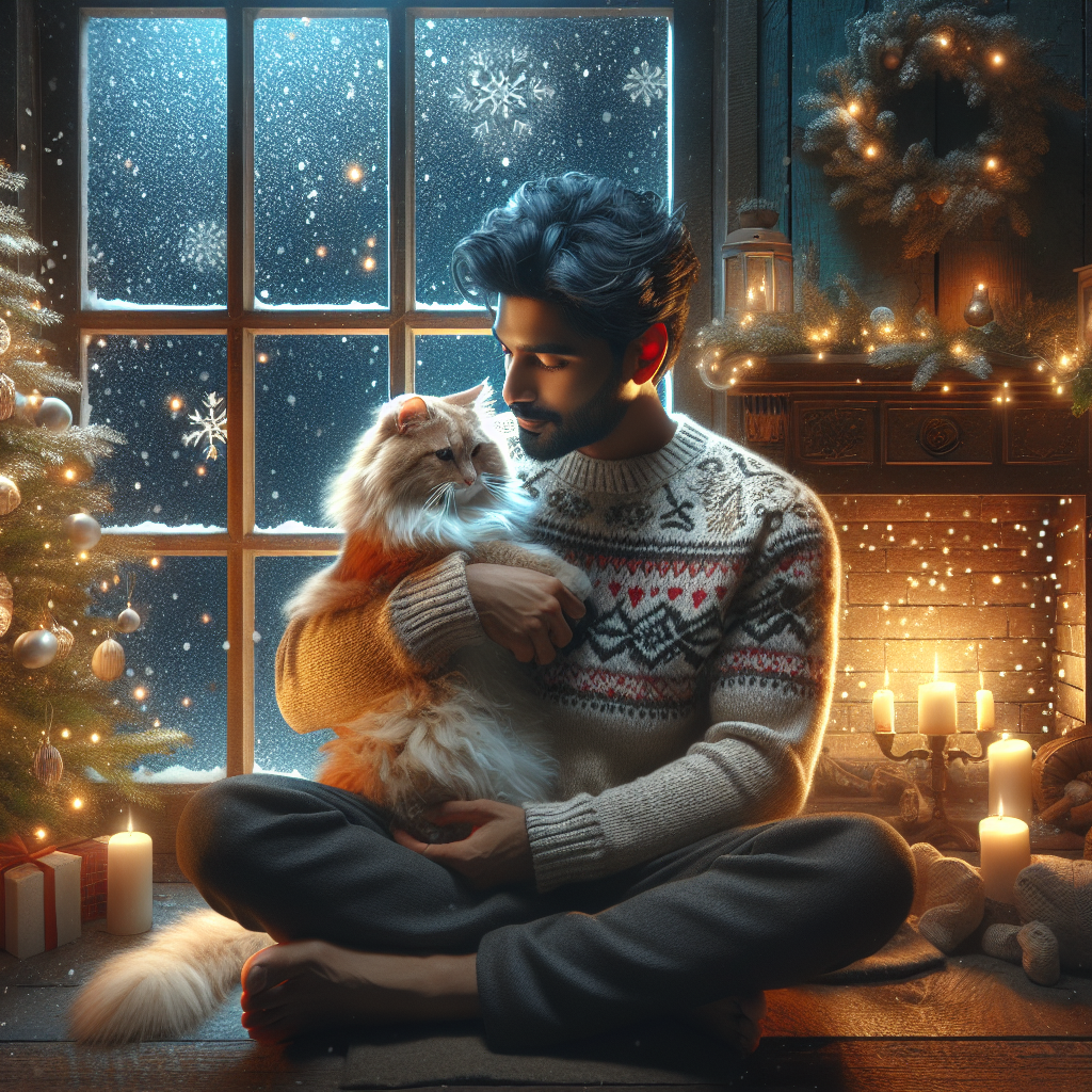 A cozy Christmas-themed illustration portrays a man in a warm sweater sitting by a fireplace, cuddling a fluffy cat. Twinkling lights and gentle snowflakes visible through the window, alongside a festively decorated tree, contribute to the heartwarming ambiance.
Generated with these themes: Men cuddle a cat.
Made with ❤️ by AI.