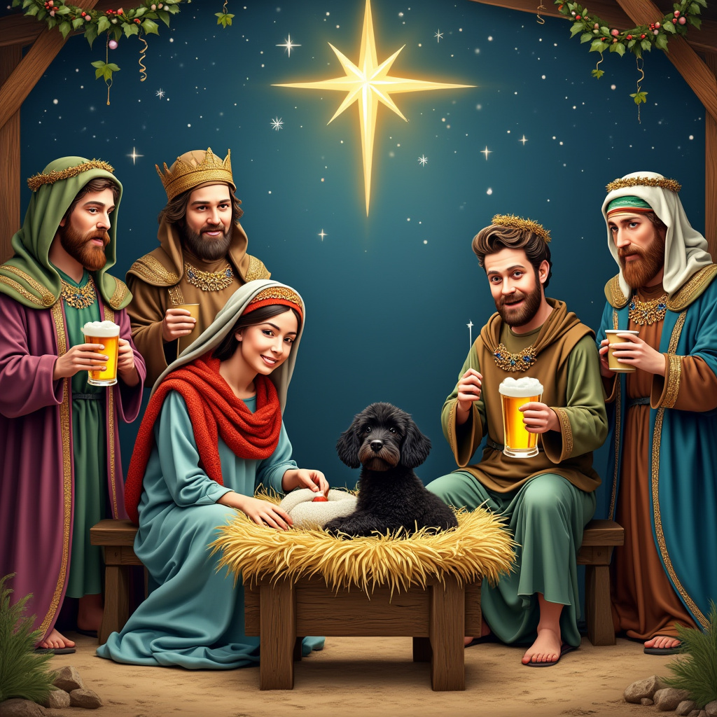 Nativity scene, Mary knitting, Black poodle in manger, Joseph wearing Hull City Tigersfootball shirt and holding a pint, 3 wise men , and 3 wise men singing from hymn sheets while Mary knits and Joseph holds pint wearing Hull City Tigersfootball football top and black poodle in the manger Christmas Card