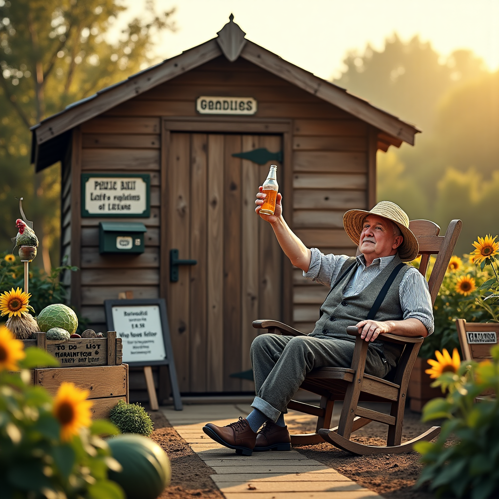 AAn allotment with a shed and a man sitting in a rocking chair wearing old fashioned clothing and a straw hat like from one piece drinking a beer with atleast 10 jokes Farewell Card