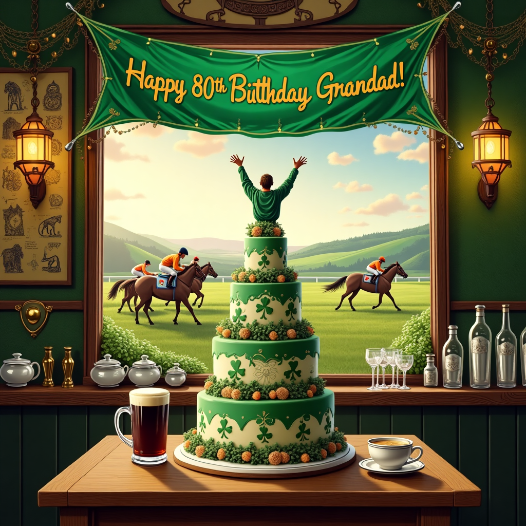 The front cover of the birthday greetings card is set in a charming, rustic Irish pub nestled amidst the rolling green hills reminiscent of the Emerald Isle. Through the wide, front window of the pub, the silhouette of a thrilling horse race is captured, as sleek thoroughbreds gallop gracefully along a distant track, their manes flowing like a cascade of water, against a sky painted in soft dusk hues. Inside the pub, a long wooden bar with an ornate Celtic design carved into its surface hosts an array of shimmering glassware. Hanging from the ceiling are brass lanterns that cast a warm glow over the scene. A large, beautifully detailed mural of a traditional Irish tea party decorates one of the walls, depicting steaming teapots and delicate cups with shamrock motifs. Centered in the pub is a large oak table, where a massive, artistically decorated cake stands proudly. The cake is tiered like a grandstand at the races, with small horse figurines trotting around each level. At the very top, a sugar-crafted jockey triumphantly holds up a vibrant banner that waves gracefully in the air, inscribed with the words “Happy 80th Birthday, Grandad!” in elegant golden script. This banner stretches up toward a ceiling painted with a fresco of fluffy clouds, creating an ethereal backdrop that draws the eye upward in celebration. In the foreground, a teapot and cup rest beside a pint of stout on the table, symbolizing the harmonious blend of tea and tradition, joyfully toasting to Grandad's momentous day.
Generated with these themes: pub, horse racing, 80th Birthday, irish, tea .
Made with ❤️ by AI.