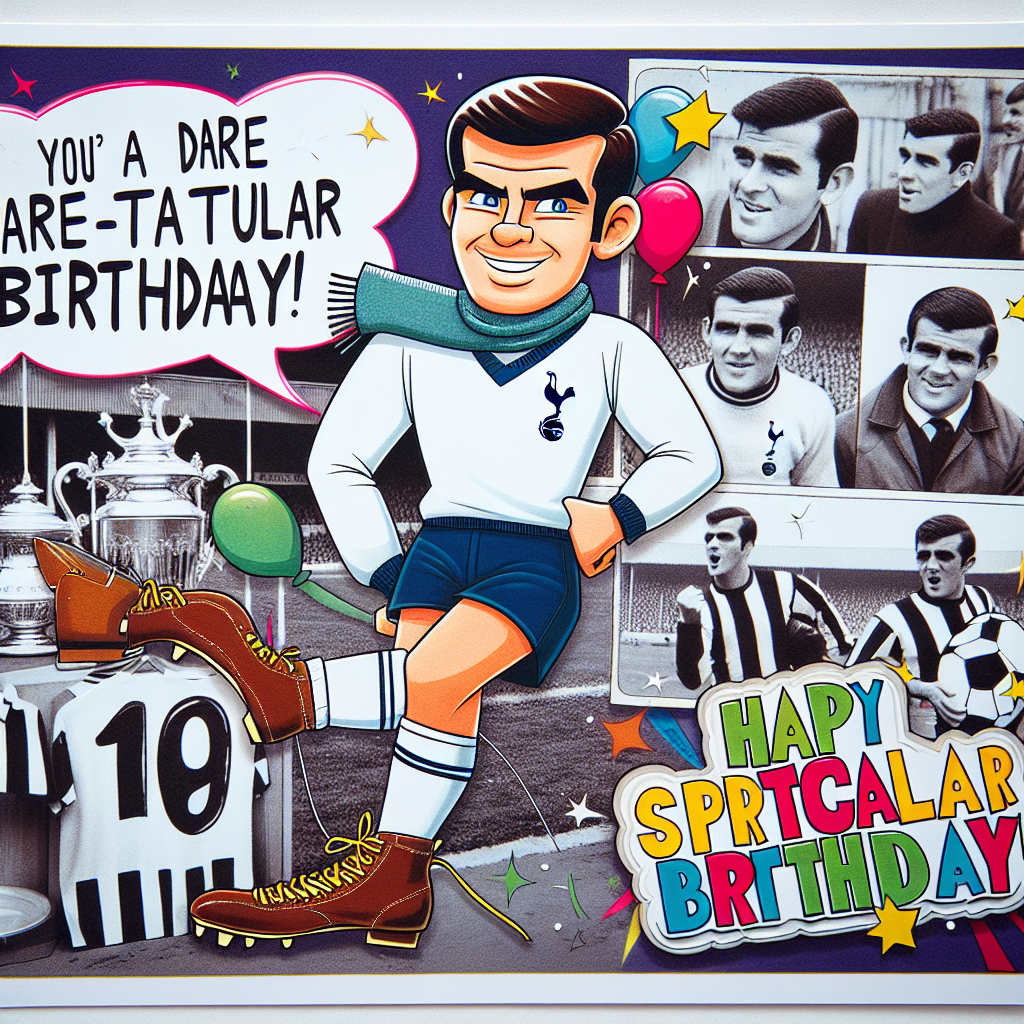 Create a colorful and amusing cartoon-themed birthday card. The focus of the picture is a generic father figure, dressed in traditional 1960s football apparel, including vintage football boots and a retro kit. He is characterized as a die-hard fan of a vintage football team, reminiscent of the Tottenham Hotspurs of the 1960s. The background showcases monochrome pictures highlighting iconic football moments from the same era. The celebratory atmosphere is enhanced with decorative elements such as balloons, confetti, and a cartoon football-themed cake. A speech bubble from the father character wishes 'Have a Spur-tacular Birthday!'.
Generated with these themes: Dad , Tottenham , Pictures , and 1960s football.
Made with ❤️ by AI.