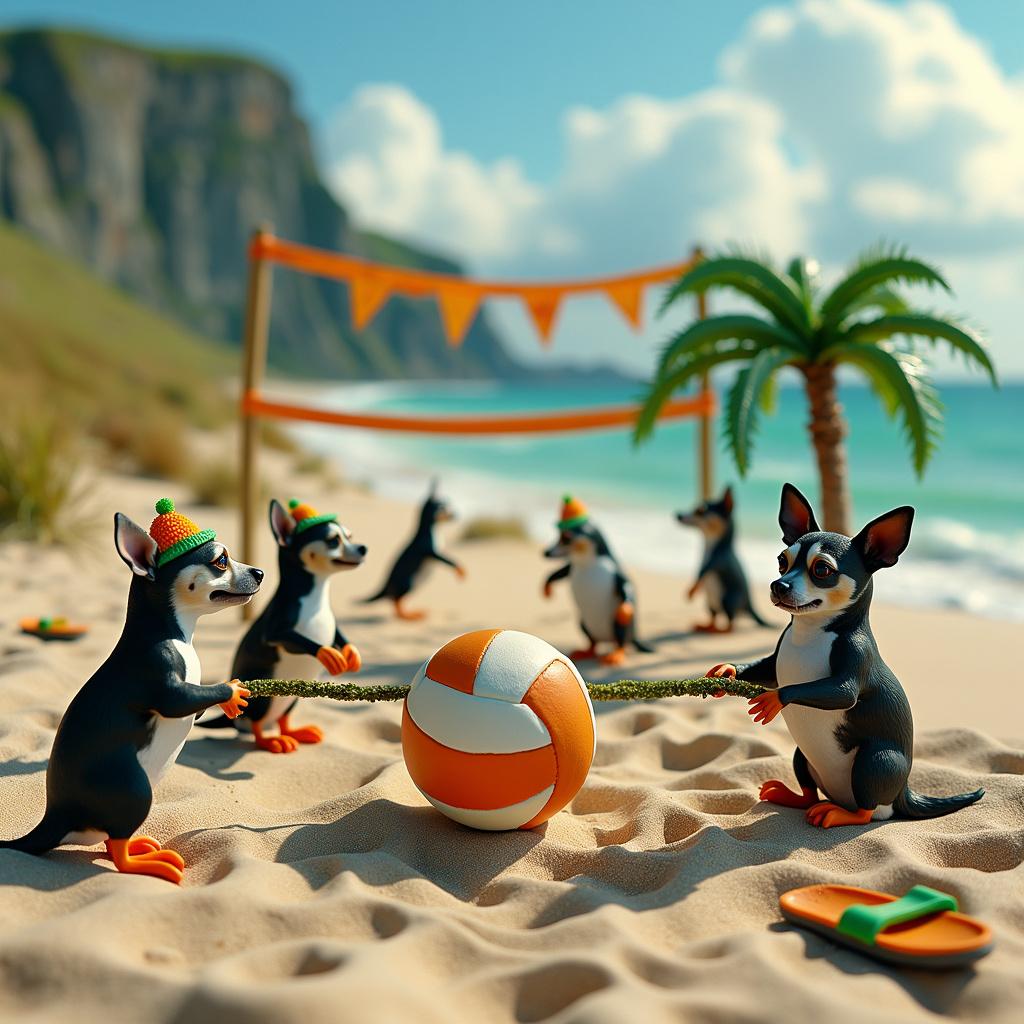 An energetic birthday event unfolds on a pristine, sandy Irish beach, where the backdrop features the iconic Cliffs of Moher and a clear blue summer sky. At the center, a humorous display of ugly Chihuahuas wearing oversized festive leprechaun hats engage in a playful tug of war over a seaweed strand, intersecting with a beach volleyball game in which humans and puffins alike participate, the puffins adorned in tiny jerseys. The volleyball itself is creatively designed to resemble Barry Keoghan’s smiling face, honoring the Irish actor amid the celebration. On the buffet table, a confectionary masterpiece depicts a relaxed sugar figurine of the Night King from Game of Thrones, whimsically sculpted wearing flip-flops and sunbathing under a fondant palm tree, with a banner overhead that reads 'Summer is Coming,' humorously inverting his iconic phrase.
Generated with these themes: Ireland , Ugly Chihuahuas, Puffins, Barry keogan, Night king , and Summer.
Made with ❤️ by AI.