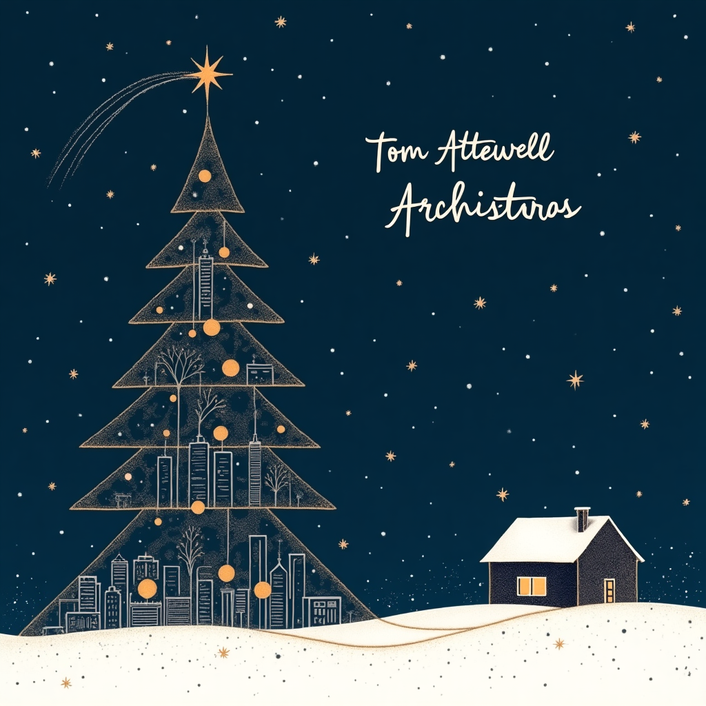 In the center of the scene, a towering minimalist Christmas tree stands proudly, constructed from sleek geometric shapes reminiscent of modern architecture, its branches forming a striking silhouette against a deep indigo night sky. The tree is adorned with delicate line work, echoing the precision of blueprints, and dotted with shimmering gold and silver orbs that twinkle like stars. At the base of the tree, a simple, elegant cityscape is sketched out in white, with clean lines suggesting skyscrapers and buildings that represent the work of Tom Attewell Architects.

In the sky, the name "Tom Attewell Architects" is elegantly scripted in clouds, subtly intertwined with the trails of a shooting star, which adds a dynamic touch to the otherwise tranquil sky. Each letter of the name is composed of architectural motifs, such as beams and arches, showcasing the recipient’s profession with a touch of whimsy. Beneath this celestial display, snowflakes fall gently, each uniquely crafted with intricate, symmetrical patterns akin to the precision of Patrick Seymour's line art.

To the side of the tree, a quaint, simple house—crafted with crisp lines and minimal detail—is tucked into a blanket of snow, embodying the theme of end-of-year simplicity. The roof of the house is capped with a gentle layer of snow, while soft, warm light glows from its windows, hinting at the warmth and coziness within. The entire scene is framed by a border of fine, ornamental scrollwork, reminiscent of Cristiano Siqueira’s intricate designs, that draws the viewer’s eye inward to the heart of this festive and architecturally-inspired holiday greeting.
Generated with these themes: end of year simple architect christmas tree card for instagram post.
Made with ❤️ by AI.
