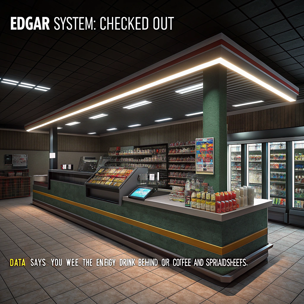 Systems, convenience store, data, spreadsheets, energy drink, coffee, and Farewell Card