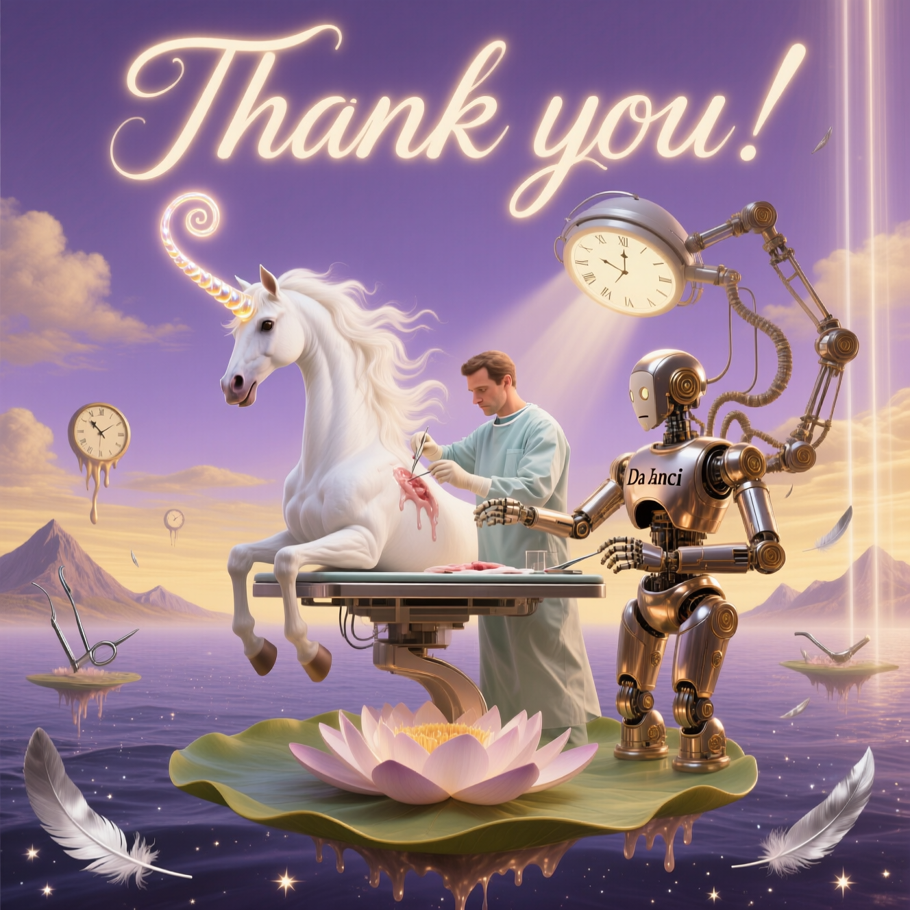Male surgeon operating on a unicorn with help from a robot machine called Da Vinci, Have the name Da Vinci written on it, and Thank-you Card