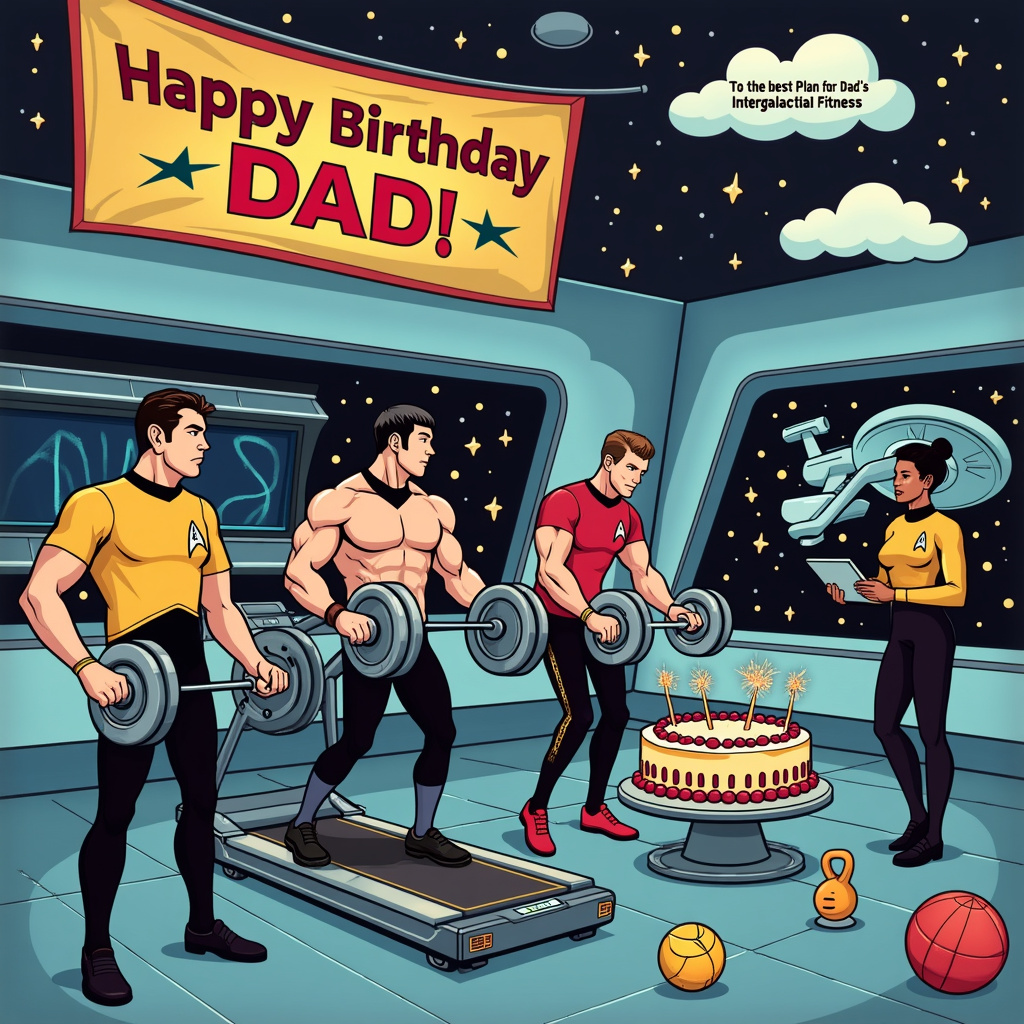 The cover of the birthday card features an out-of-this-world gym on the Starship Enterprise. In the foreground, a beefed-up Captain Kirk and a muscular Spock are pumping iron, using futuristic weights that levitate. Their gym attire is a blend of their classic Star Trek uniforms and modern workout gear, complete with the Starfleet insignia on their chest. Next to them, Scotty is doing a hilarious workout on a high-tech treadmill that looks like a transporter pad, with a look of exaggerated determination on his face. 

In the background, the iconic bridge of the Enterprise is visible through a large, futuristic window. Outside, stars and planets whizz by, creating a dynamic backdrop. Hanging above the gym area is a large, colorful banner that reads "Happy Birthday Dad!" in a mix of English and Klingon text, adding a playful intergalactic touch.

To the right, a corner features a birthday cake designed to look like a miniature Starship Enterprise, complete with sparklers for thrusters. Standing next to the cake is a holographic Uhura, holding a tablet that displays "Workout Plan for Dad's Intergalactic Fitness."

The floor is scattered with various quirky workout equipment like a Vulcan kettlebell, a Tribble medicine ball, and resistance bands that look like phaser beams. Above the scene, in the top right corner, clouds shaped like the words "To the best Dad in the galaxy!" float gently.

The entire scene is vibrant, filled with playful details, and a perfect blend of Star Trek and fitness, all wrapped up in a birthday celebration for "Dad."
Generated with these themes: Star trek Working out.
Made with ❤️ by AI.