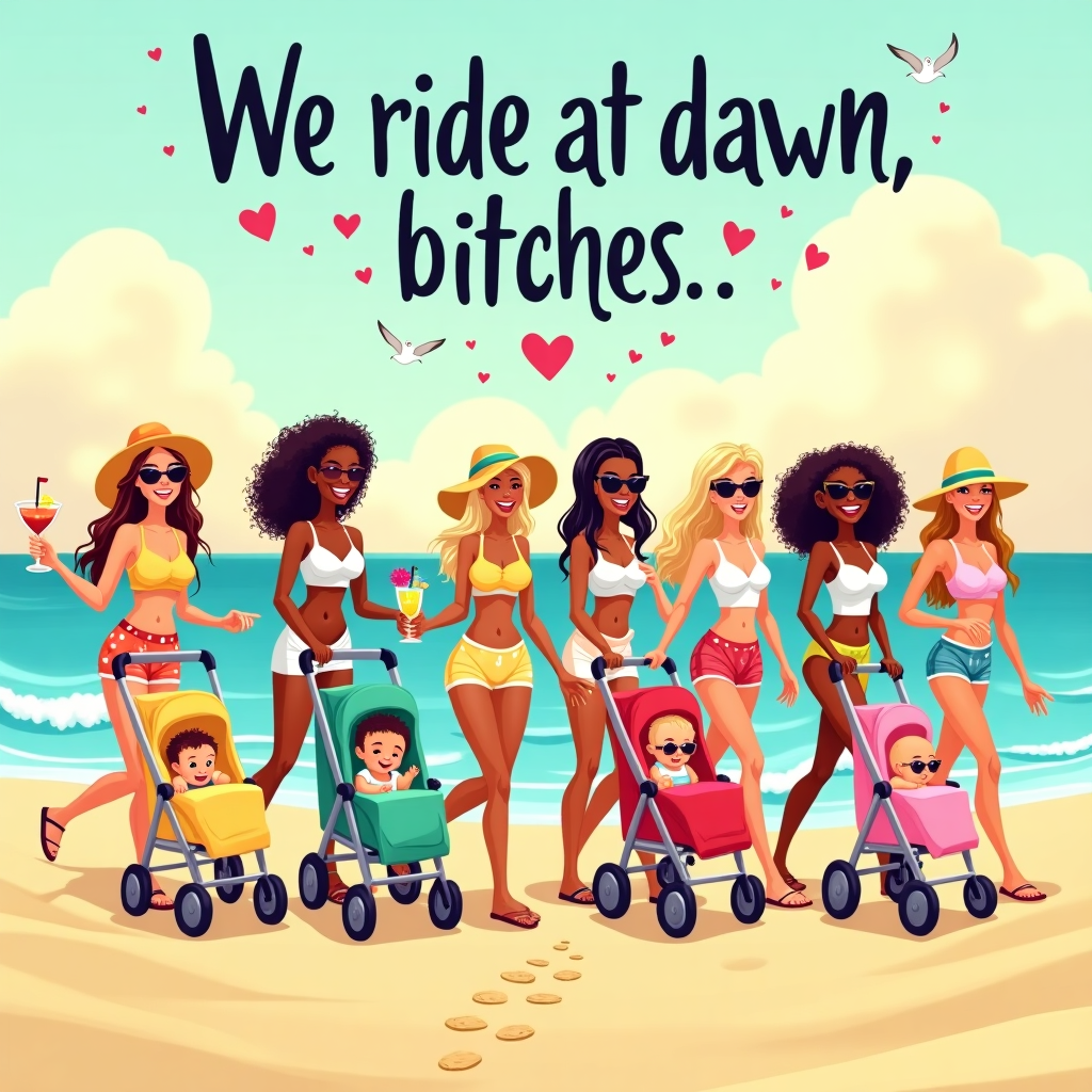 6 women 5 white one black pushing strollers with babies in them on a beach while drinking cocktails , and Slogan we ride at dawn bitches New-baby Card