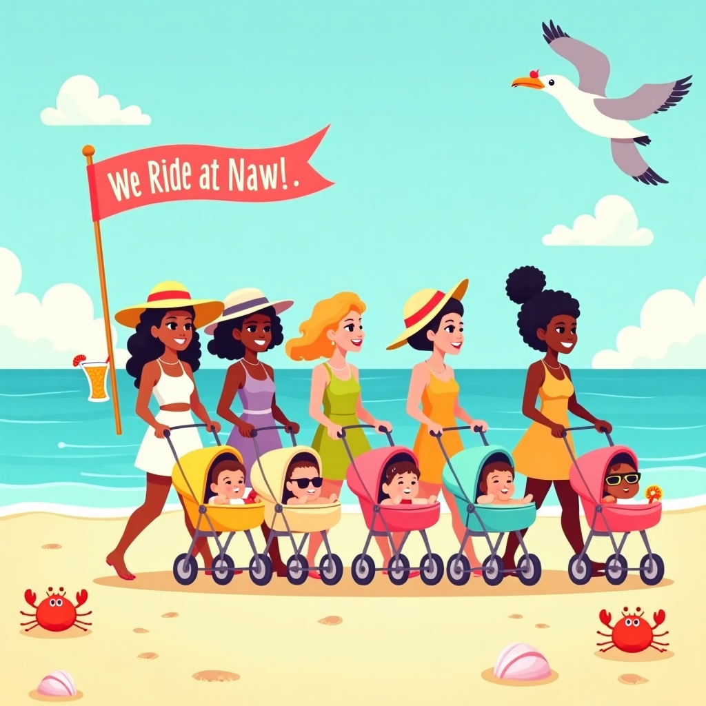 6 women 5 white one black pushing strollers with babies in them on a beach while drinking cocktails , and Slogan we ride at dawn bitches New-baby Card