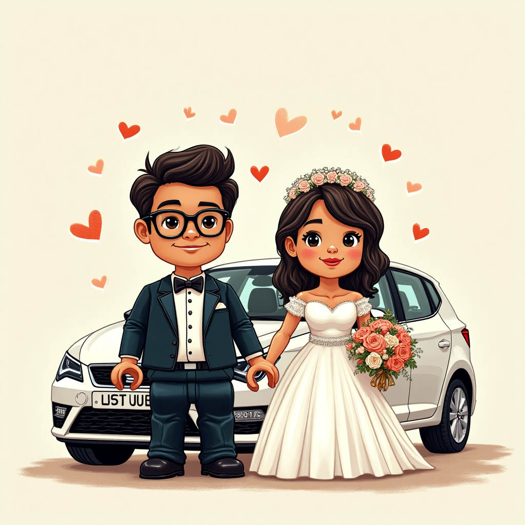 At the top of the Illustration Style image, **Congratulations Sulaiman & Aisha**

---

**Image Prompt:**

Create a charming hand-drawn illustration for a wedding greeting card featuring a delightful scene of a Lego-inspired wedding. The groom, adorned with glasses and a classic tuxedo, stands beside the shorter bride, who has a cute front fringe and wears a lovely white wedding dress. Behind them is a white Seat Leon car with the distinctive number plate 'L55 5ULY'. Use fine linework and textured brush strokes to capture the intricate details of their outfits and the Lego-inspired elements. Employ a warm, expressive color palette to convey the joy and excitement of their special day. The composition should be balanced, with a harmonious blend of humor and love, making it a perfect card cover for celebrating this momentous occasion.
Generated with these themes: Lego, groom has glasses and is wearing a tux, bride is shorter with a front fringe wearing a white wedding dress, there is a white seat Leon in the background with the number plate ‘L55 5ULY’, and .
Made with ❤️ by AI.