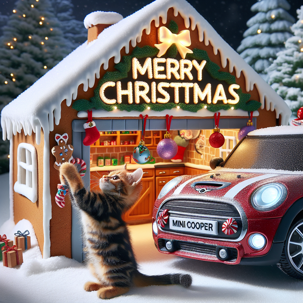 A cozy Christmas scene is set inside a gingerbread garage where a mischievous kitten, with soft, wild stripes, bats at the ornaments hanging from a Mini Cooper's rearview mirror. Outside, the snow gently falls as the words 'Merry Christmas' shine from the decorated garage's festive sign.
Generated with these themes: Small babe ass, Wild, and Mini Cooper.
Made with ❤️ by AI.