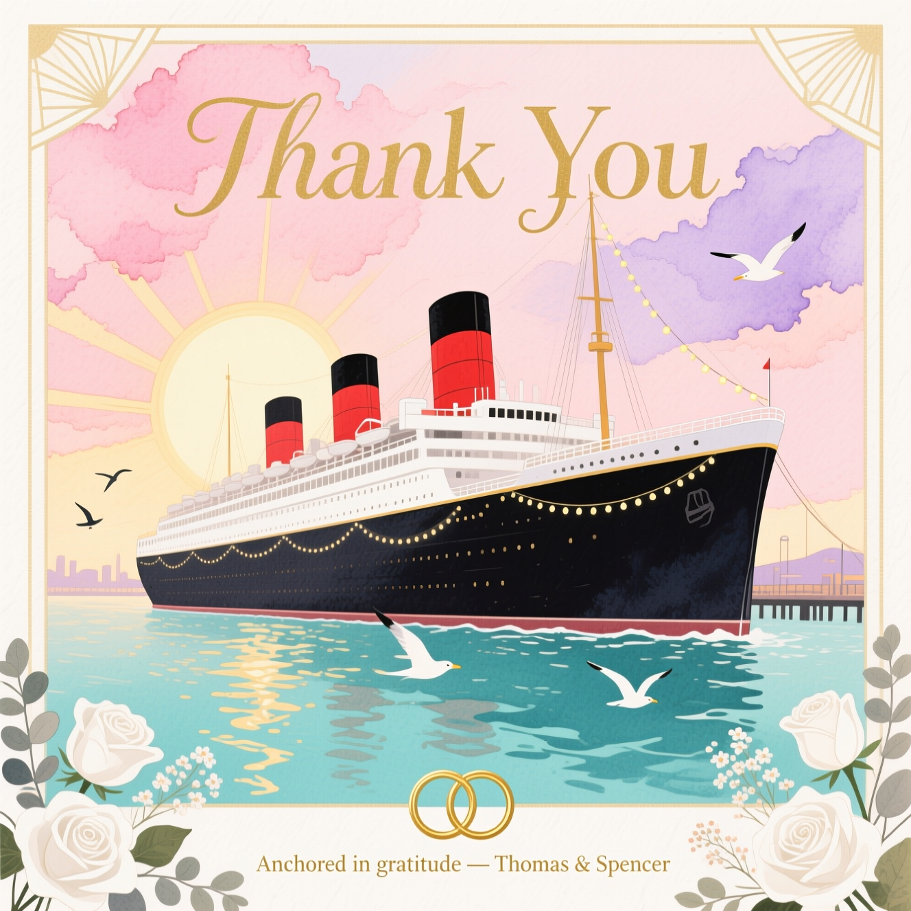 At the top of the Watercolor Style image, “Thank You” in elegant Art Deco lettering, softly painted in warm champagne-gold watercolor with airy spacing.

Romantic Art Deco watercolor illustration of the RMS Queen Mary moored in Long Beach at golden hour. Soft wet-on-wet sky fading from blush peach to lavender with a faint Deco sunburst halo behind the three iconic red-and-black funnels. The ship’s sleek black hull and white superstructure are rendered with gentle, feathery edges and subtle pigment blooms; delicate string lights arc along the deck. Seafoam-turquoise water below with shimmering, rippled reflections and a few soft gull silhouettes to enhance the romance.

Integrate refined Art Deco accents: a thin pale-gold geometric border with fan corners and stepped motifs, very light so the watercolor stays airy. In the lower corners, add a whisper of white roses, eucalyptus, and baby’s breath in loose washes, plus a tiny motif of two interlocking gold rings. Emphasize natural cold-press paper texture, soft gradients, and granulation; avoid harsh outlines, logos, or extra text.

Palette: blush pink, peach, lavender, seafoam, sage, indigo navy, champagne gold. Portrait orientation with generous negative space around the top text.

At the bottom of the Watercolor Style image, add a small, cheeky romantic caption: “Anchored in gratitude — Thomas & Spencer” in slender Art Deco small caps, subtle and understated.
Generated with these themes: .
Made with ❤️ by AI.