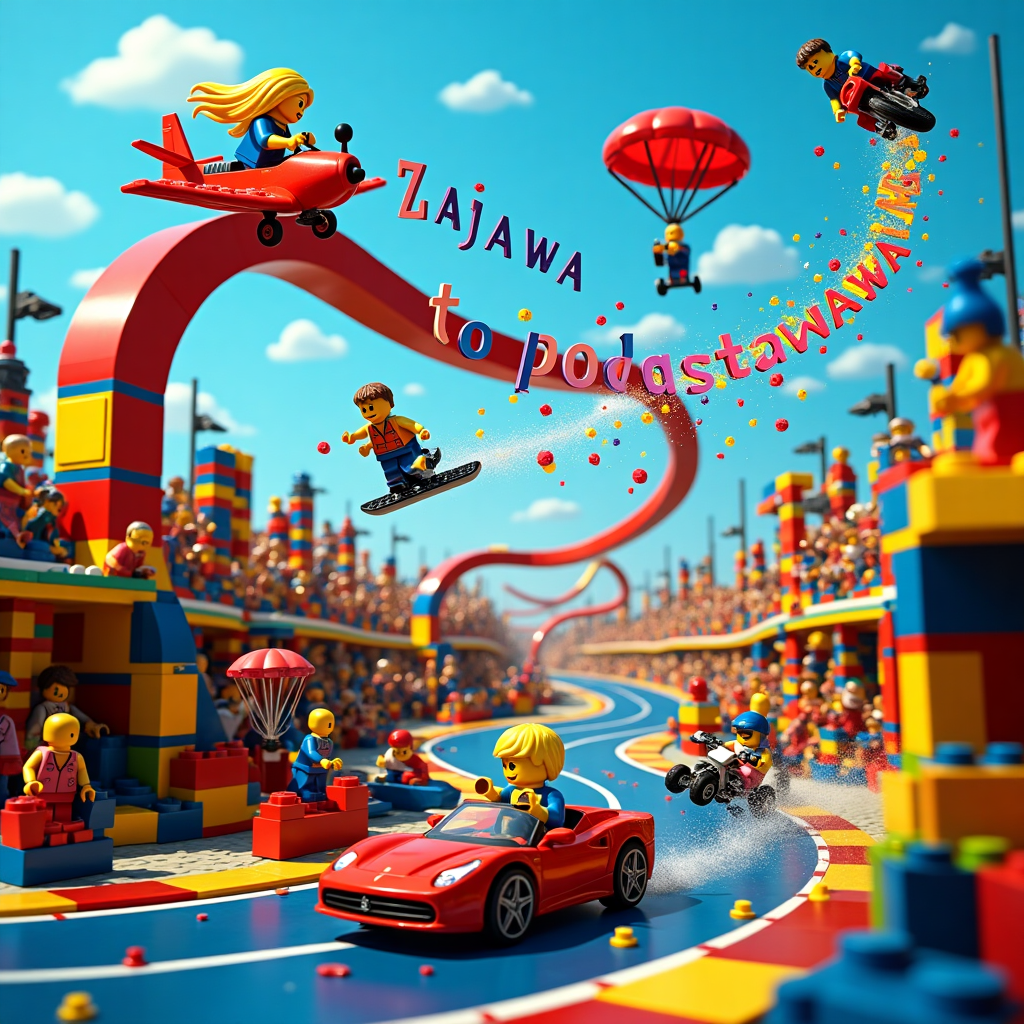 We are at the racing track , Lego girl with long blond hair in Lego plane , Lego boy in racing Ferrari , Other Lego girl is skateboarding , Other Lego boy ride motocross, Other Lego boy jumps parachute , and Other Lego boy is in gokart Thank-you Card