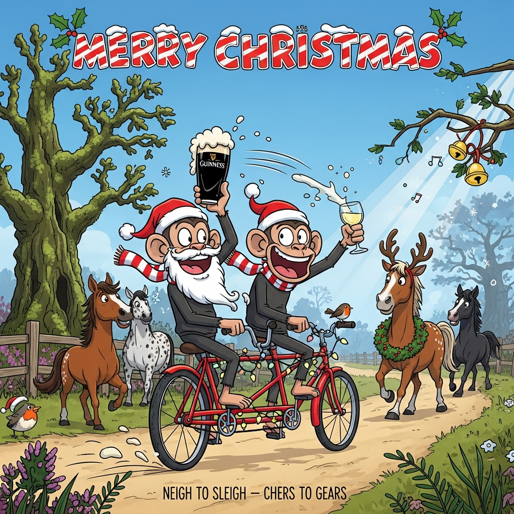 Two Monkeys ,  New Forest , Cycling , Blue Sky , Pint of Guinness, Glass of White Wine , Horses , and Christmas Card