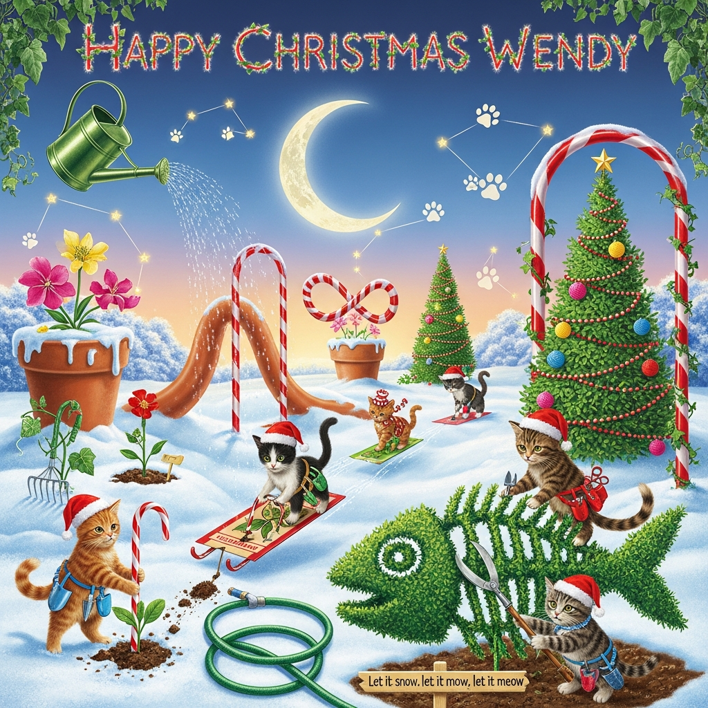 At the top of the Surreal Style image, the text "Happy Christmas Wendy" in frosted, twinkling lettering woven from ivy and cat whiskers, softly glowing like northern lights.

Dreamlike, Dali-inspired winter garden under a candy-cane crescent moon: snowy flowerbeds float like islands; terracotta pots stretch and melt over peppermint trellises; gleaming watering cans pour liquid starlight onto catnip shrubs trimmed into tiny Christmas trees hung with yarn-ball baubles. A procession of mischievous cats in mini Santa hats and tinsel tool-belts “garden” with deadpan seriousness: one ginger cat plants a candy cane like a sapling; a tuxedo cat rides a drifting seed packet like a sled; a tabby gently trims a topiary shaped like a giant fish skeleton. Rakes curl like sleeping cats, hoses loop into infinity symbols, and paw-print constellations shimmer in the sky. Ethereal lighting, gilded snow sparkle, icy pastels with peppermint reds and pine greens; painterly, ultra-detailed, whimsical and funny, tall portrait composition.

Optional small text in-scene: on a tiny wooden plant label near the bottom, hand-painted in playful script: “Let it snow, let it mow, let it meow.”
Generated with these themes: Cats, gardening,, and .
Made with ❤️ by AI.