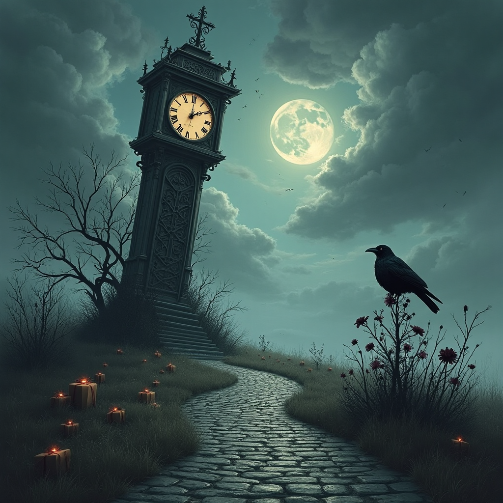 At the bottom of the Surreal Style image, include the text: "Good luck, Simon!"

**Image Prompt:**

In a dreamlike gothic landscape, a towering, intricately wrought iron clock stands askew against a backdrop of swirling, dark clouds. The clock's hands are replaced with quills, ticking towards an uncertain future. Beneath it, a winding cobblestone path stretches into the distance, lined with elongated shadows of farewell gifts—each gift an abstract representation of past memories at work. In the foreground, a lone raven perched on a black, wilted rose bush gazes contemplatively into the horizon, symbolizing new beginnings. Ethereal wisps of mist weave around these elements, whispering silent goodbyes in the language of surreal dreams. Above, a crescent moon sheds an otherworldly light, casting an eerie yet sincere glow upon this farewell scene.
Generated with these themes: Goth, black theme, work farewell, and .
Made with ❤️ by AI.