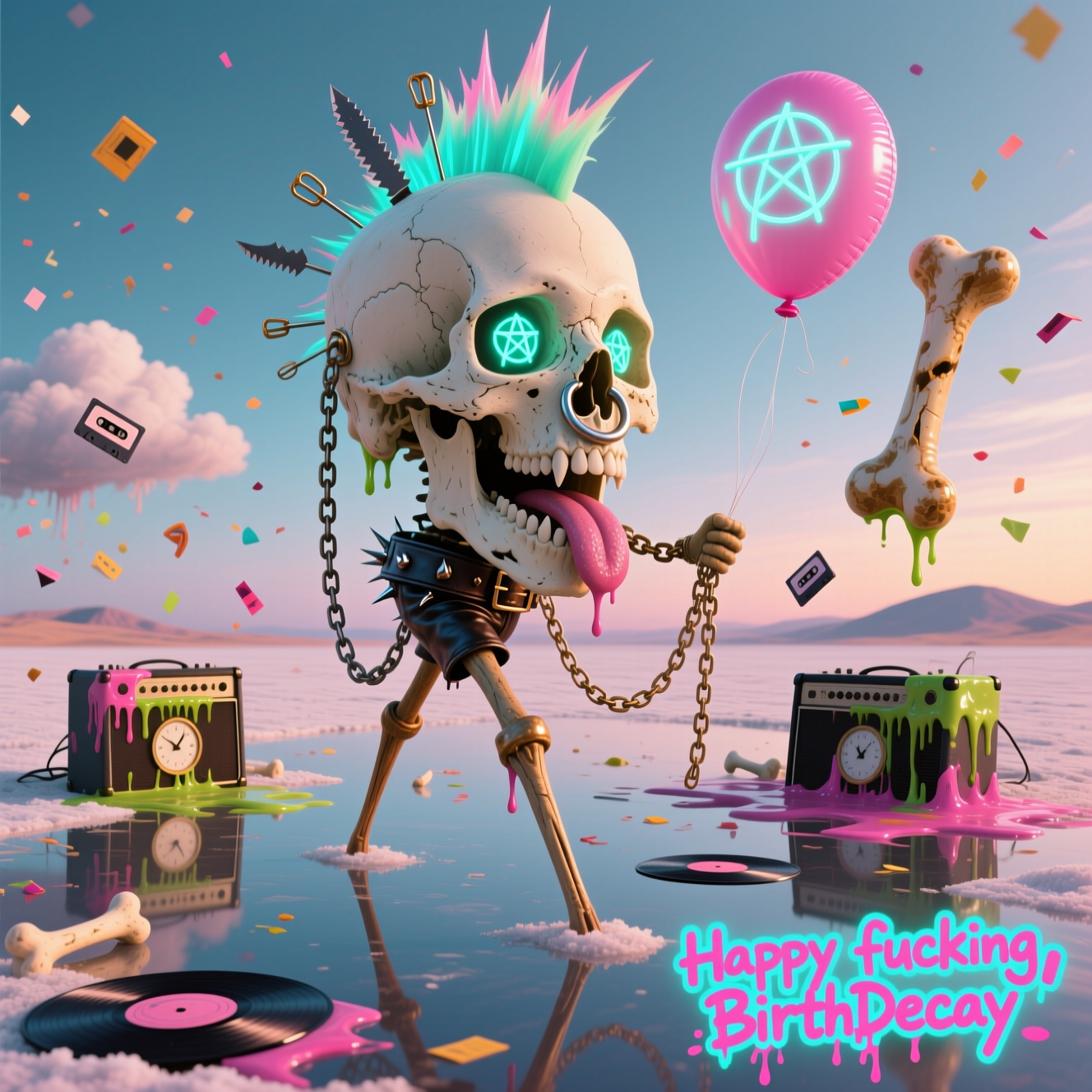 Portrait, image-first. Dreamlike surreal punkscape at magic hour: an enormous ivory skull strides on impossibly long stilt-legs across a mirror-flat salt desert. It sports a jagged neon mohawk made of melting safety pins and razor blades, dripping into chains that coil on the glassy ground. A spiked leather belt droops like a tongue from its gaping jaw; a heavy nose ring dangles a broken chain tethered to a floating, deflated bone-shaped balloon. Inside the eye sockets, flickering anarchy symbols glow like soft, bending neon. Around it, melted vinyl records ooze over warped amplifiers like Dali clocks; clouds of bone-confetti and shattered cassette tape flutter in slow motion. Ethereal volumetric light, long painterly shadows, subtle haze, wet reflections, hyper-detailed textures. Toxic-candy palette: acid pinks, cyan, sickly lime, tarnished brass. Dali-inspired melting forms, unexpected juxtapositions, otherworldly calm. Ultra high resolution, crisp focus with dreamy depth of field. No borders, no watermarks, no extra text.

Small in-image caption (bottom-right, subtle): “Happy fucking BirthDecay” in ripped neon-stencil spray paint, hot pink with cyan halo, gritty overspray, slight drip.
Generated with these themes: Skull, Punck, and .
Made with ❤️ by AI.