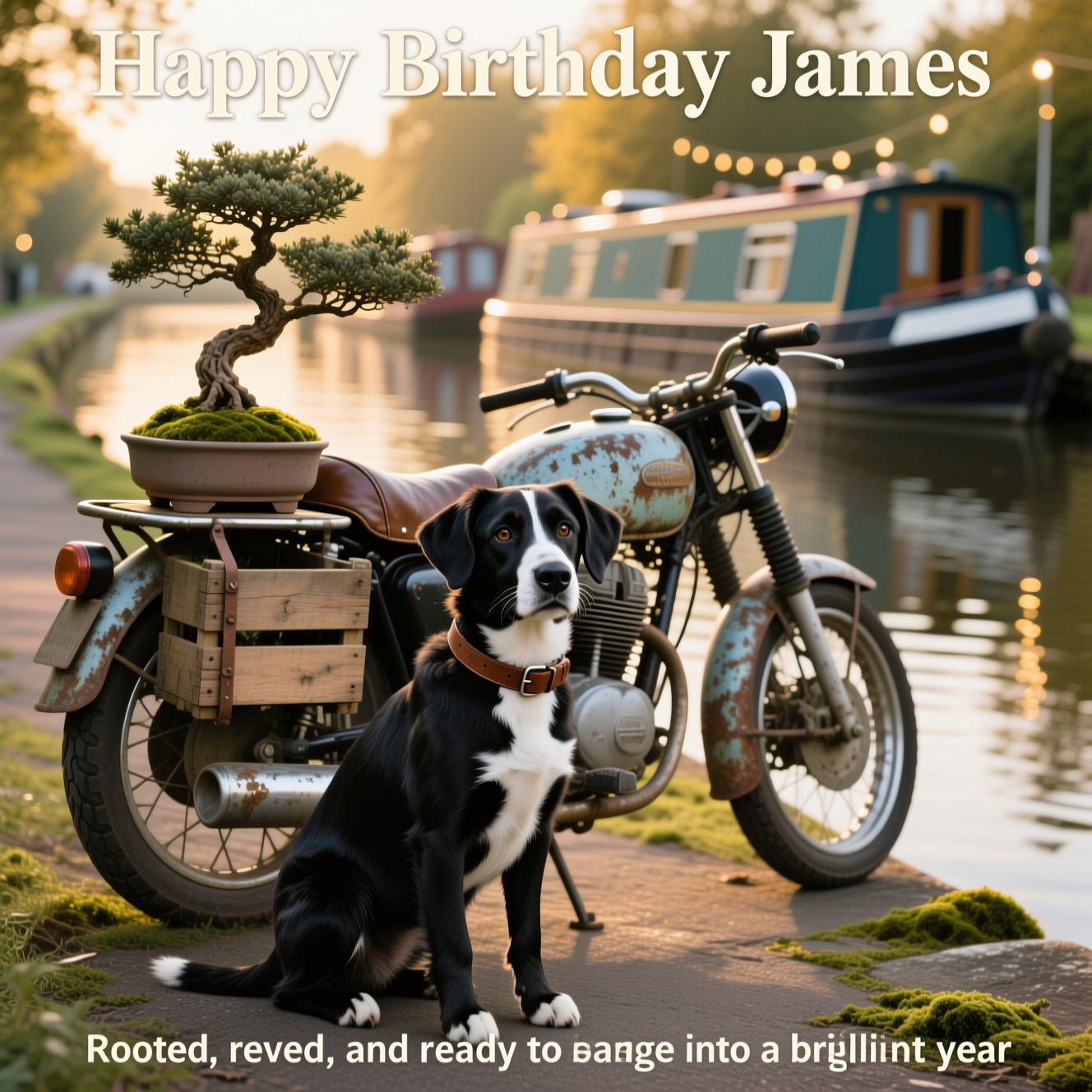 At the top of the Photorealistic picture taken from a camera image, Happy Birthday James

Ultra-high-definition 4K UHD, photorealistic camera photograph, vertical portrait orientation. A calm golden-hour scene along a British canal towpath. Foreground: a black Patterdale terrier with a bright white chest patch sits at slight three-quarter angle, gentle head tilt, warm eyes looking toward the camera; glossy, well-defined fur and a simple brown leather collar. Just behind, a weathered old motorcycle on its kickstand, scuffed leather seat, lightly tarnished chrome, tasteful patina—well-loved and clean. A mature juniper bonsai in a mossed ceramic pot rests securely on a wooden crate strapped to the bike’s rear rack; twisted trunk and delicate canopy catching the sun’s rim light. Background: moored canal barges/narrowboats with muted heritage colors, soft bokeh from a few string lights, sunlight glinting on gentle ripples, reflections shimmering. Sincere, peaceful mood.

Camera and look: full-frame 50mm lens, f/2.8, ISO 100, 1/250s; accurate, natural lighting; lifelike textures; rich depth of field that keeps the terrier, bonsai, and motorcycle in crisp focus while the barges softly blur. Fine detail on fur strands, moss, cracked leather, and water reflections. Subtle vignette, true-to-life color, no heavy post-processing, no people, no logos.

Text styling: top line set in warm off-white, elegant understated serif, centered with a soft, tasteful drop shadow for legibility; keep it unobtrusive and refined.

At the bottom of the Photorealistic picture taken from a camera image, Rooted, revved, and ready to barge into a brilliant year.
Generated with these themes: Bonsai, old motorcycle, barges, black patterdale terrier with white chest, and .
Made with ❤️ by AI.