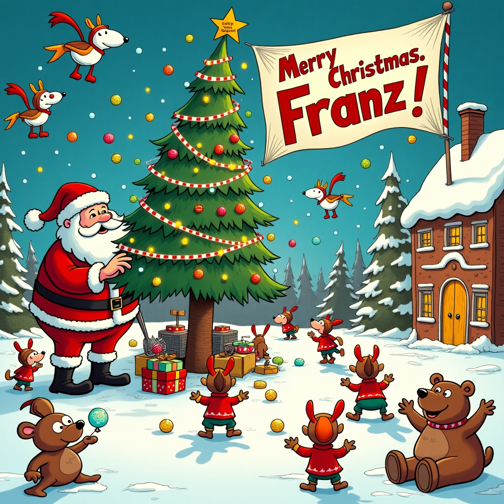 In this whimsical Christmas scene, the stage is set in a bustling North Pole workshop that combines elements of zaniness and nostalgia inspired by the greats. At the center, Santa Claus is busy assembling a peculiar contraption—a towering, animated Christmas tree that moves on little mechanical legs, a nod to Rube Goldberg machines with its gears, levers, and whirligigs. The elves, styled with playful expressions and exaggerated features reminiscent of Calvin and Hobbes, are scattered around, frantically tossing ornaments shaped like classic Peanuts characters. Astro Boy-inspired reindeer with jetpacks zoom above, trying to catch baubles that fly astray. The backdrop reveals a large, intricately decorated gingerbread house, with Tintin-like snowmen peeking from behind candy-cane fences.

In the sky, a group of mischievous Far Side-esque birds carries a large banner that reads "Merry Christmas, Franz!" in bold, colorful letters, whimsically shaped like tangled Christmas lights. Beneath them, the snow glistens with a touch of R. Crumb's detailed cross-hatching, creating depth and texture. To the side, a massive ice sculpture of a sleeping bear, reminiscent of a scene from Little Nemo in Slumberland, dreams of holiday pies, each pie named for a different member of Franz's family. The foreground is dotted with playful woodland creatures dressed in tiny elf costumes, each one carrying a small gift marked with a cartoonish depiction of Franz's smiling face, like an Eisner comic book cover. It's a chaotic, charming spectacle that blends humor and holiday cheer with a delightful nod to beloved illustrators.
Generated with these themes: Random.
Made with ❤️ by AI.