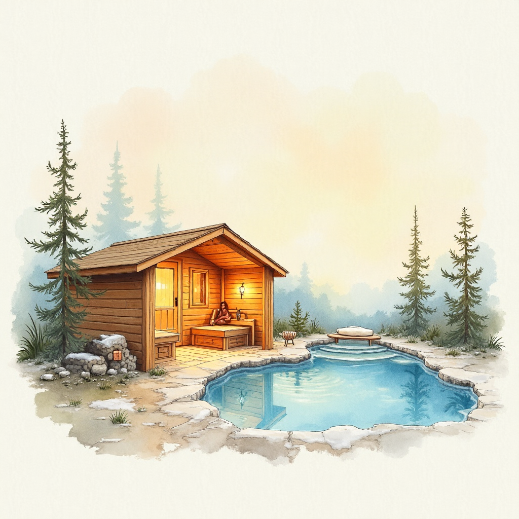 At the top of the Watercolor Style image, the text reads: **Thank you**

---

Image Description:

Create a serene and heartfelt scene in watercolor that encapsulates the soothing essence of a sauna and the invigorating chill of a cold plunge. Picture a cozy wooden sauna, its warm, inviting glow emanating from softly painted lines and gentle color gradients, creating an atmosphere of tranquility and relaxation. 

To the right, illustrate a tranquil cold plunge pool, its icy blue tones contrasting with the sauna's warmth. Delicate watercolor washes depict steam rising subtly from the sauna, blending seamlessly into the cool surroundings. The natural paper texture enhances the organic feel of the scene, adding depth and softness to the overall image. 

Include a small caption near the bottom of the image: "Warming hearts, cooling spirits."
Generated with these themes: Sauna, cold plunge, and .
Made with ❤️ by AI.