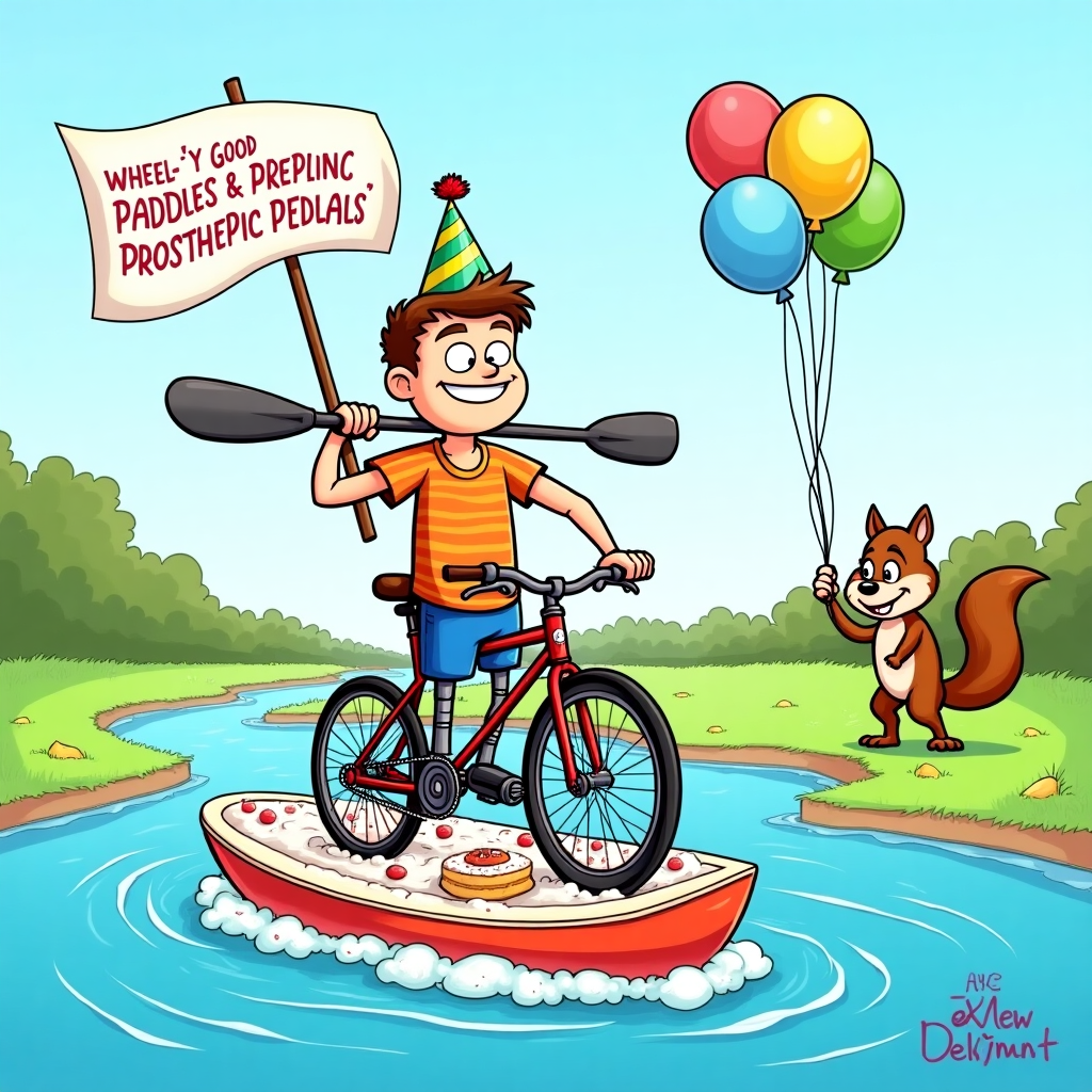 **Image Prompt:**

At the top of the cartoon image, write:  
**"Wheel-y Good Paddles & Prosthetic Pedals, William – Have a Legendarily Happy Birthday!"**

Create a vibrant and funny cartoon scene featuring a cheerful man with a below-knee prosthetic leg named William, who is humorously multitasking — he's kayaking through a birthday cake-shaped river, while somehow pedaling a bicycle that's half-sunk in frosting. He wears a party hat, has a goofy grin, and there are balloons tied to the kayak. His prosthetic leg is cleverly doubling as a paddle on one side, and a bicycle pedal on the other. A birthday banner flaps in the wind, and a confused squirrel in cycling shorts cheers him on from the shore, holding a slice of cake. The whole scene should be zany, uplifting, and full of birthday mischief.
Generated with these themes: Below knee amputation, Kayaking, Cycling, and .
Made with ❤️ by AI.