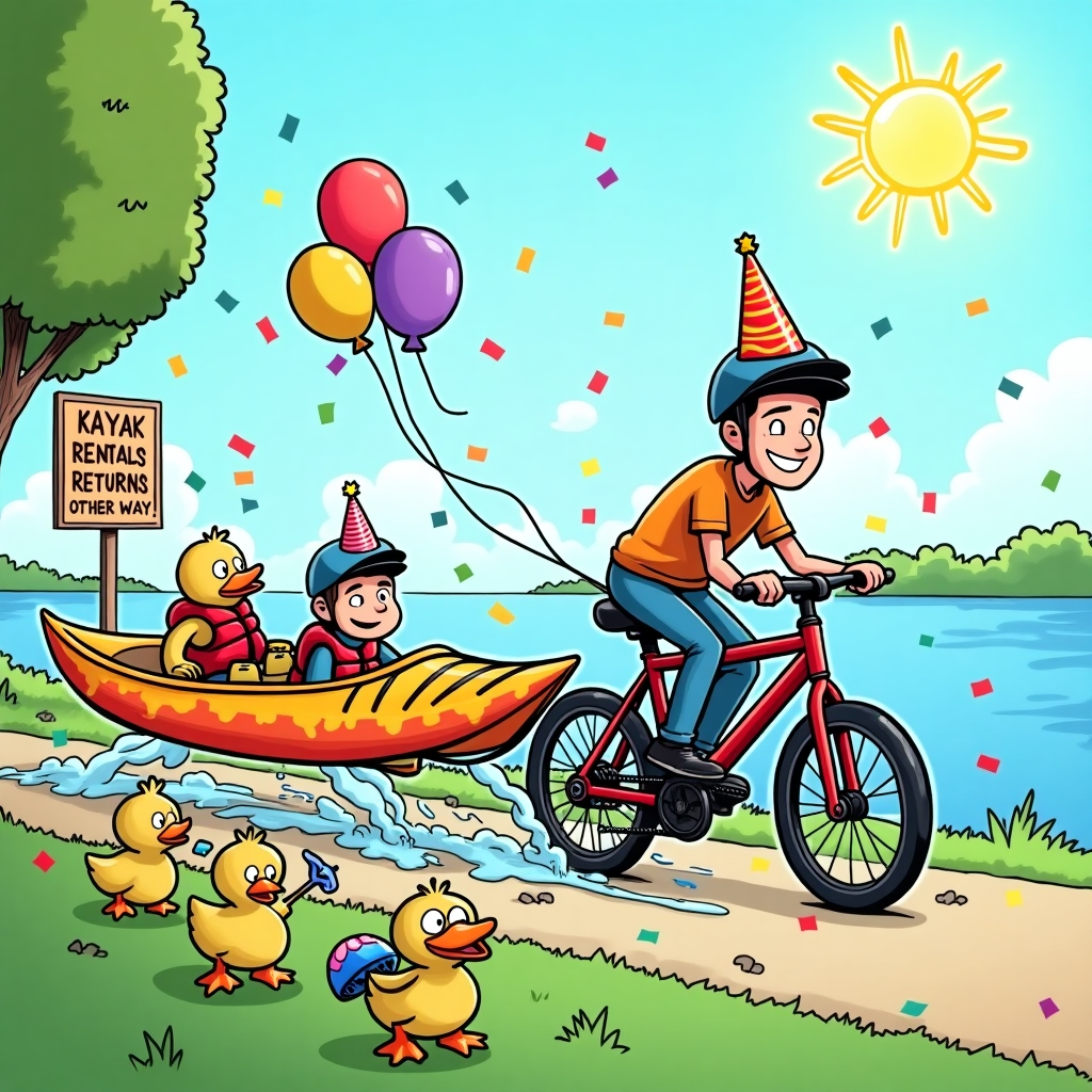 **Image Prompt:**

*At the top of the cartoon image:*  
**"William – You're Legen-dary (even if you're one short)!"**

**Description of the cartoon image:**  
A brightly coloured, fun cartoon scene of William—cheeky grin on his face—zipping along a bike path on a sleek bicycle, his prosthetic leg decked out in a flame paint job. Behind him, a tandem kayak is attached to the back of his bike like a sidecar, where a bewildered-looking friend in a life jacket is getting absolutely soaked by random splashes as they roll past a sign that says “Kayak Rental Returns – Other Way!” In the background, ducks look confused, one holding a tiny bike helmet. 

There are balloons floating from the handlebars and a party hat perched atop William's helmet. Confetti rains from above. The sun is smiling. It's mayhem. It's glorious. It's William.
Generated with these themes: Below knee amputation, Kayaking, Cycling, and .
Made with ❤️ by AI.