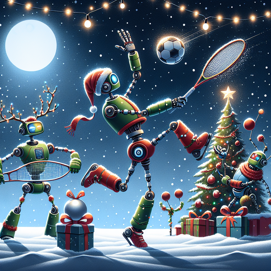 A whimsical Christmas-themed illustration depicts a trio of robots engaged in festive activities. The scene is set on a snowy evening, under twinkling starlight. One robot, adorned with a Santa hat, is shown kicking a soccer ball wrapped with red and green ribbons like a present, while another robot sporting reindeer antlers uses its extendable arm to delicately balance a tennis racket and ball, as if ready to serve. The third robot, draped in tinsel and lights, waves cheerfully at passersby, embodying the joyful spirit of the holiday season.
Generated with these themes: Robots , Soccer, and Tennis.
Made with ❤️ by AI.