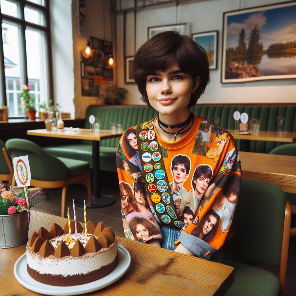 A short Hispanic female with short brown hair, wearing a festive shirt with images of popular musicians, is seated in a cozy Finnish cafe. The table in front of her is set up with a charming birthday theme, it feels realistic and inviting, featuring vegan treats and a cute little birthday cake. There are scout badges and emblems tastefully integrated into the decorations, marking her accomplishments. The blend of the girl-scout-themed party in the heart of Finland, against her vibrant shirt and the ambiance of the cafe, creates an interesting scene.
Generated with these themes: Eurovision, A short female with short brown hair in a shirt eating vegan food, Scouts, and Finland.
Made with ❤️ by AI.