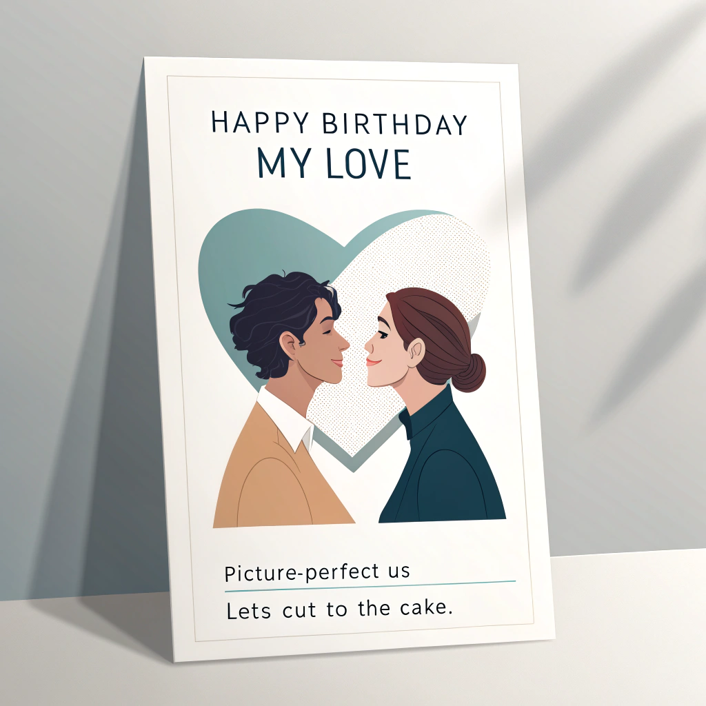 At the top of the Vector Style image, "Happy Birthday My Love"
At the bottom of the image, "Picture-perfect us—let's cut to the cake."

- Create a clean flat-vector scene: a large, slightly tilted Polaroid-style photo centered, framed in crisp white with a soft shadow (vector, minimal). Inside the photo, two stylized figures leaning together, their heads and shoulders forming a heart-shaped negative space between them. No facial details—smooth, simple shapes for modern elegance.
- Surround the photo with floating vector hearts in varied sizes and solid colors (blush pink, cherry red, coral, and a touch of deep plum for contrast). Let a few hearts overlap the Polaroid border for depth and playfulness.
- Background: solid blush-pink field with a very subtle, thin-line pattern of tiny hearts and sparkles to add romance without clutter.
- Style: clean flat-vector art, crisp lines, solid color blocks, minimal gradients and shadows, modern graphic design precision.
- Typography: 
  - Headline large and prominent at the top in an elegant, modern brush-script style (deep ruby red), tight kerning, slight arc.
  - Punch-line at the bottom in a rounded sans-serif, medium weight, matching deep ruby red for cohesion.
- Add a few tiny vector sparkles and dotted-line swirls that gently guide the eye from the headline down through the Polaroid to the punch-line.
Generated with these themes: Pic of us with hearts, and .
Made with ❤️ by AI.