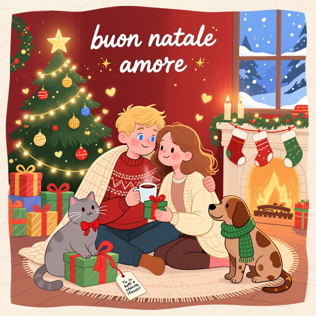 At the top of the Illustration Style image, buon natale amore

Hand-drawn, cute Christmas illustration with fine linework and textured brush strokes, balanced composition and a warm, expressive palette of deep reds, forest greens, candlelit golds, and cozy creams. A romantic young adult couple in a cozy living room by a glowing Christmas tree piled with many wrapped gifts: he is blond with clear blue eyes in a festive knit sweater; she has light brown hair and warm brown eyes in a soft cream cardigan. They sit cuddled together under a knitted blanket on a rug, cheeks rosy, sharing a mug of hot cocoa and exchanging a small present, radiating tanto amore e tanta felicità; tiny heart-shaped light bokeh twinkles around them.

Include a plush grey British Shorthair cat with a little red bow perched on a gift box, pawing at ribbon; and a curly brown Lagotto Romagnolo wearing a green knit scarf, tail wagging, gently nudging the couple’s hands. The Christmas tree glows with ornaments, garlands, and a star topper; stockings hang on the mantle; a window shows soft falling snow and a blue winter dusk. Keep a clean, airy space at the top for the title; add subtle paper grain, soft vignette, and warm, cozy lighting. Render the title in warm white hand-lettered script with tiny golden sparkles.

Add a tiny handwritten caption on a gift tag in the foreground: “Tu, io, baffi e bau: felicità in fiocchi!”

Style cues: Illustration Style; hand-drawn feel; fine linework; textured brushes; warm lighting; soft shadows; high detail in fur, textiles, and faces; portrait orientation; cute, cuddly, love-filled mood.
Generated with these themes: Due innamorati un maschio e una femmina , A natale con tanti regali e l’albero , Un gatto british shorthair grigio , Un lagotto romagnolo marrone , Tanto amore e tanta felicità , Il ragazzo è biondo con gli occhi azzurri mentre la ragazza ha capelli marroni chiaro e occhi marroni, and .
Made with ❤️ by AI.