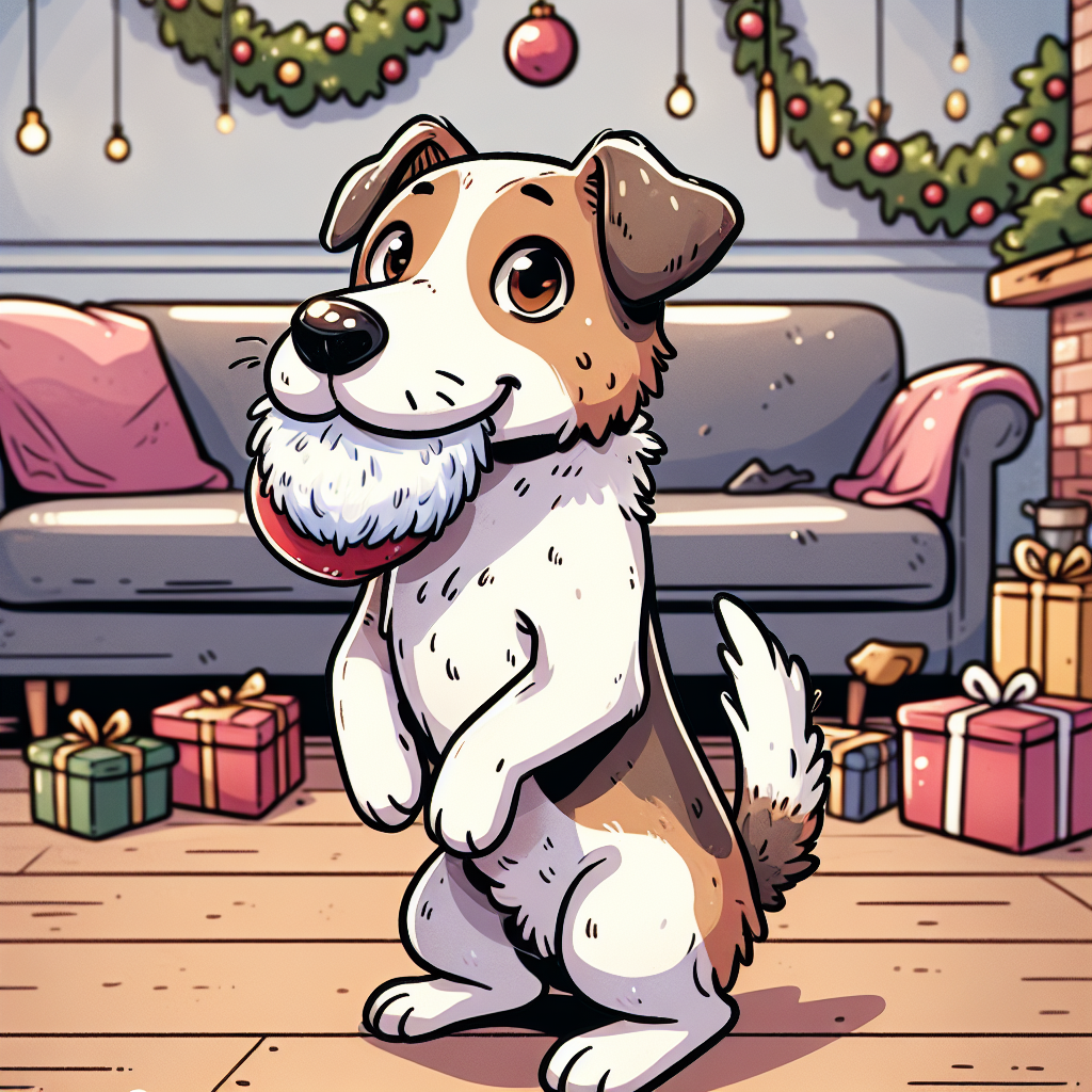 In this cartoon Christmas wonderland, a slender Jack Russell Terrier with a white and brown patched coat stands on its hind legs, brown eyes sparkling. The room is festooned with garlands and a mistletoe. The dog, with a fluffy white beard attached to mimic Santa, seems to be merrily barking along to the jingle of nearby sleigh bells.
.
Made with ❤️ by AI.