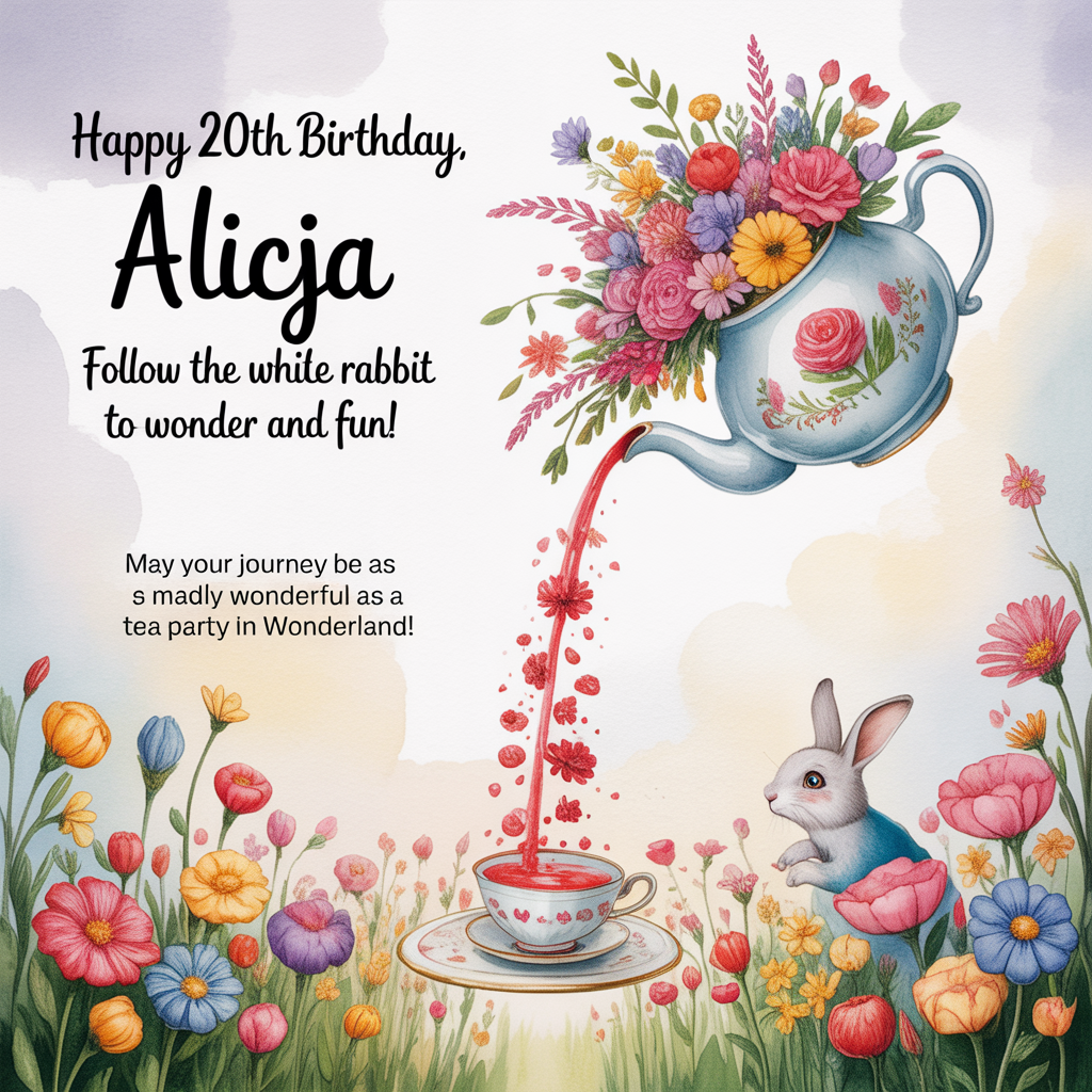 At the top of the image, "Happy 20th Birthday, Alicja – Follow the White Rabbit to Wonder and Fun!"

At the bottom of the image, "May your journey be as madly wonderful as a tea party in Wonderland!"

- In the center of the image, illustrate a whimsical scene inspired by Alice in Wonderland, featuring a delicate teapot pouring vibrant flowers onto a long table. The flowers cascade into a colorful bouquet, and in the midst of them, a curious white rabbit peeks out, wearing a tiny party hat. The watercolor palette should be soft and enchanting, capturing the dreamy essence of a fantastical tea party amidst a field of vibrant blooms.
Generated with these themes: Flowers, Alice and Wonderland Theme, and .
Made with ❤️ by AI.