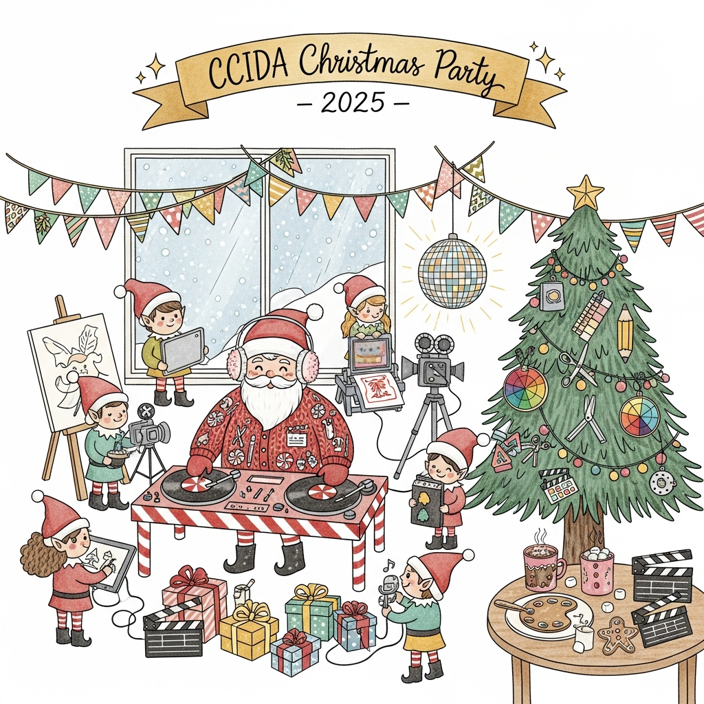 At the top of the Illustration Style image, the text "CCIDA Christmas Party 2025" in playful hand-lettered script on a festive ribbon banner, warm gold with cranberry-red shadows and twinkling highlights.

Hand-drawn illustration with fine linework, textured brush strokes, balanced composition, and a warm, expressive color palette. A cozy creative studio turned festive party: Cute Santa is center stage as a DJ, rosy-cheeked and smiling, in a chunky knit cardigan patterned with tiny brushes, pencils, and clapperboards. He spins candy-cane turntables shaped like peppermint discs, wearing oversized headphones with fuzzy earmuffs. Around him, cheerful elf creatives dance and make art—one elf live-sketches on a drawing tablet, another films with a vintage camera, one screens prints on a tiny press, and another tunes a mini mic for karaoke. A pine tree to the right is decorated with adorable creative ornaments: paint-tube baubles, pencil and scissors charms, a color wheel, and a micro film reel; a mirrored disco-ball ornament casts warm starry glints. Bunting made from color swatch cards stretches across the room, and fairy lights sway in swooping Bézier-curve loops. On a side table: gingerbread shaped like clapperboards, steaming cocoa with marshmallows, and a palette-shaped cookie plate. A big window reveals soft snowfall outside, adding gentle bokeh sparkles indoors. Balanced composition with Santa central, the tree on one side and a window on the other; gifts wrapped like oversized color chips and storyboards scatter the dance floor. Soft paper grain, watercolor washes, and cozy hues of cranberry red, pine green, blush pink, mustard gold, and teal; delicate ink hatching for detail, expressive brush textures, cuddly rounded shapes, and friendly faces for a cute, joyful mood. Optional small caption near the bottom on a tiny tag: "Sleigh the brief!"
Generated with these themes: Party, Creative Industries, Cute Santa , and .
Made with ❤️ by AI.