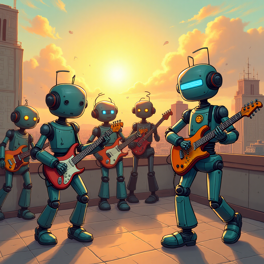 At the top of the Illustration Style image, include the text "Stanley Smith".

**Image Prompt:**

A lively scene depicting a group of quirky AI robots jamming out at a rooftop party. Each robot is uniquely designed with various musical instruments, from a guitar-shaped body to drum-like limbs. They have exaggerated expressions of joy and rhythm as they play a tune that only a robotic ensemble could create. Their "faces" display digital emoticons that change with the beat. The setting sun casts a warm glow, accentuating their metallic exteriors, while a human friend, Stanley Smith, in a funky outfit, leads the dance with exaggerated, comical moves. A playful caption beneath reads, "Age is just a number... but rhythm is eternal!"
Generated with these themes: Music, friends, black, ai, , and .
Made with ❤️ by AI.