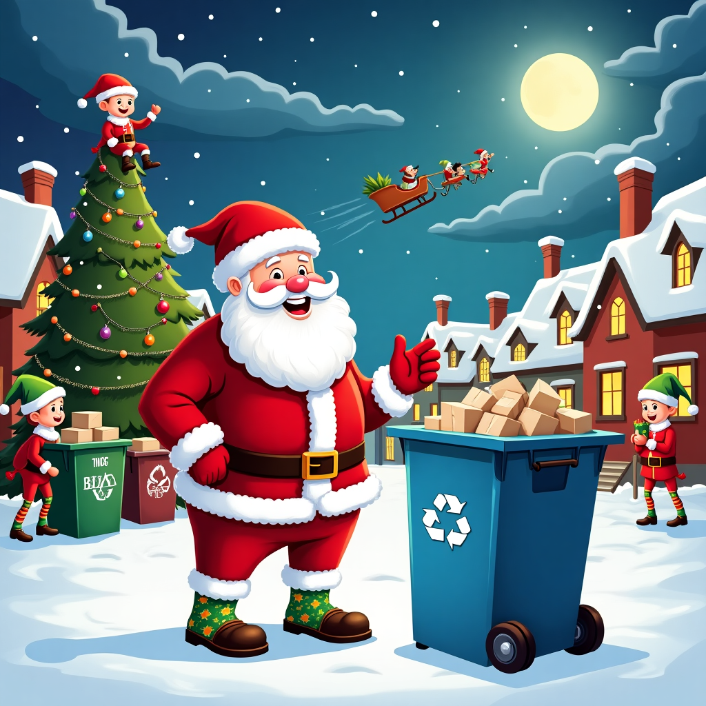 Santa in socks and sandals, and Blue bin recycling Christmas Card