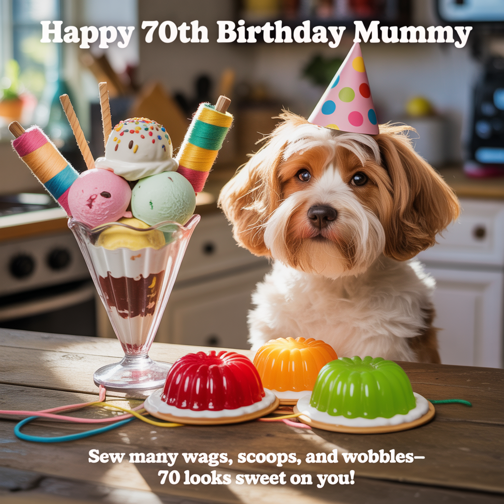 At the top of the Photorealistic picture taken from a camera image, "Happy 70th Birthday Mummy"

At the bottom of the image, "Sew many wags, scoops, and wobbles—70 looks sweet on you!"

Create a cute, ultra-real, 4K UHD camera-shot scene at a sunlit kitchen party table. Foreground: a fluffy apricot-and-cream cockapoo at table height, wearing a pastel polka-dot party hat, head slightly tilted, bright catchlights in the eyes, a tiny dab of vanilla ice cream on its nose. On the rustic wooden table: a tall glass sundae with three scoops (strawberry, vanilla, mint), whipped cream, rainbow sprinkles, and a chocolate flake; beside it, two jewel-toned jelly molds (raspberry red and lime green) gleaming and slightly wobbling as light passes through. A playful centerpiece made from colorful cotton reels and curling threads forms a large “70,” with stray threads looping around the dishes. Background: soft pastel bunting and warm fairy lights rendered as creamy bokeh for a cozy, cute mood. Natural window light from the left with gentle shadows; lifelike textures in fur, glass, thread, and jelly. Shot on a DSLR at eye level with a 50mm prime lens, f/1.8, ISO 200, 1/200s, rich depth of field that keeps the cockapoo’s face, the cotton-reel “70,” and the sundae crisp while softly blurring the background. Ensure both text lines are clean, legible white lettering with a subtle drop shadow; top line centered in open space above the scene, bottom line centered along the lower margin without covering key subjects.
Generated with these themes: 70th Birthday , Cockapoo, Cotton reels, Ice cream, Jelly, and .
Made with ❤️ by AI.