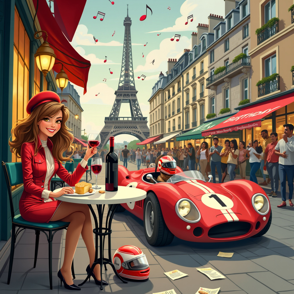 She likes Wine, Formula one, France, and Music Birthday Card