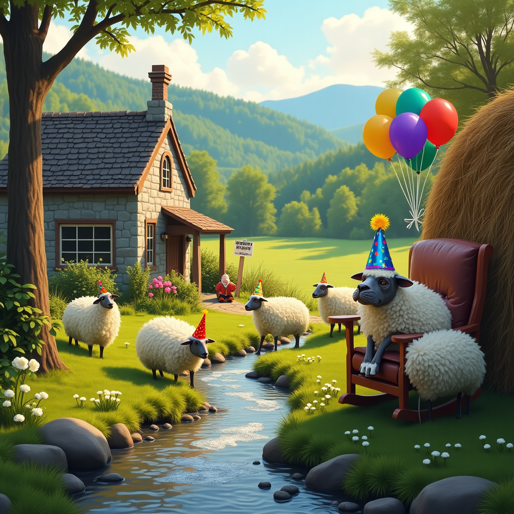 Vermont country scene, stone cottages, valleys, streams, sheep, hills, famed and sheep dog Birthday Card