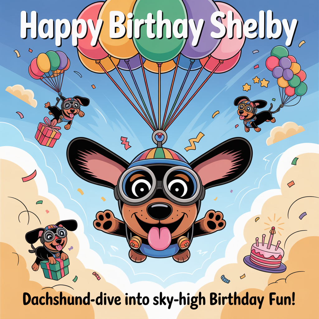 At the top of the Cartoon Style image, "Happy Birthday Shelby"

At the bottom of the image, "Dachshund-dive into sky-high birthday fun!"

Illustrate a playful, cute Cartoon Style skydiving scene:
- A bright, sunny blue sky with puffy, cottony clouds and floating confetti.
- Center stage: an extra-long, smiling sausage dog (dachshund) in a tiny skydiving harness, oversized aviator goggles, and a striped helmet. Its ears flap wildly, paws spread, tongue out, rosy cheeks—pure joy.
- Above the dog, a rainbow cluster of balloons acts as a parachute, strings taut and curving for motion; thick black outlines and bold, saturated colors.
- Around the hero pup, two more sausage dogs in energetic poses:
  - One clutching a gift box with balloons tugging it upward.
  - One drifting down under a star-and-bone patterned balloon bundle, giving a mid-air paw wave.
- Fun birthday details: a mini cake on a parachute drifting by, streamers trailing in swoops, tiny sparkles catching the light.
- Composition leaves clear space for the top and bottom text; use chunky, hand-lettered bubble type with a white stroke and soft shadow for readability.
- Overall vibe: playful, whimsical, and energetic, with exaggerated proportions, thick outlines, and bright saturated colors.
Generated with these themes: Balloons, Skydiving, Sausage dogs, and .
Made with ❤️ by AI.