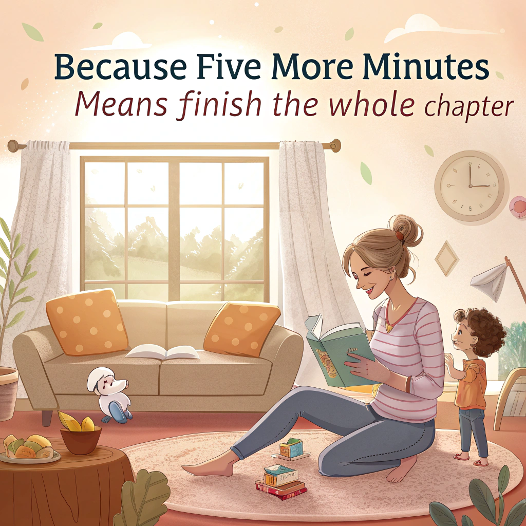 The front illustration shows a white woman in her 30s reading a book to two young white children, a boy and a girl. They are all sitting on a living room sofa. There is natural light from at least one window. Mothers-day Card