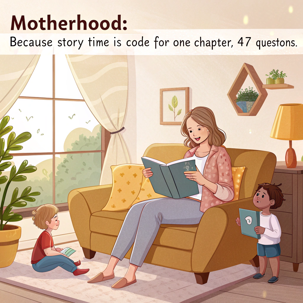 The front illustration shows a white woman in her 30s reading a book to two young white children, a boy and a girl. They are all sitting on a living room sofa. There is natural light from at least one window. Mothers-day Card