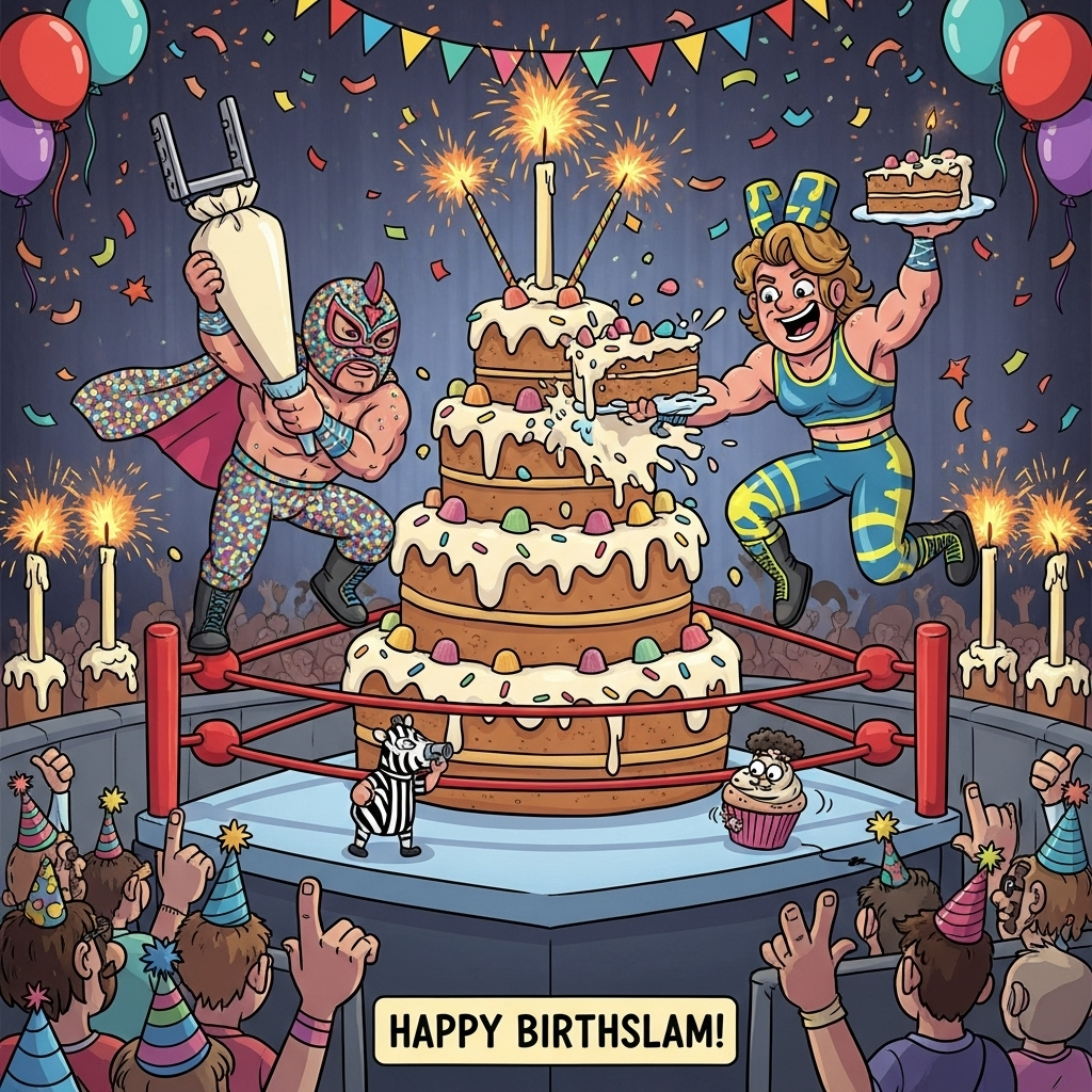 Playful cartoon, vertical composition, WWE-style birthday main event. Center stage: a wrestling ring that’s actually a towering three-tier cake—thick frosting mat, glossy sprinkles, red licorice ropes, gumdrop turnbuckles, and giant candles in each corner blasting sparkler pyro. Two exaggerated superstar wrestlers in energetic, ridiculous poses: one glitter-masked luchador with a sprinkle cape winding up a huge frosting piping bag like a steel chair; the other a neon-spandex powerhouse mid-air doing a flying elbow while clutching a slice of cake, frosting flying everywhere, big goofy grins. A tiny cupcake referee in zebra stripes blowing a whistle. Roaring crowd of party-hat fans, foam-finger candles, streamers, balloons, confetti storm, jumbotron glow. Bright saturated colors, thick black outlines, comic speed lines, glossy candy highlights, bouncy whimsical energy. At the bottom, small hand-lettered caption in chunky bubble letters, single line: “HAPPY BIRTHSLAM!” (no other text or logos)
Generated with these themes: WWE , Funny, Cake, Superstar wrestling , and .
Made with ❤️ by AI.