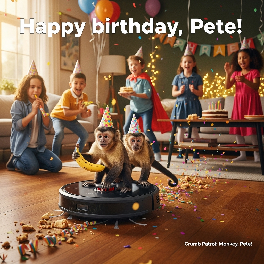 Robot vacuum, Monkeys , 4 kids, and Birthday Card