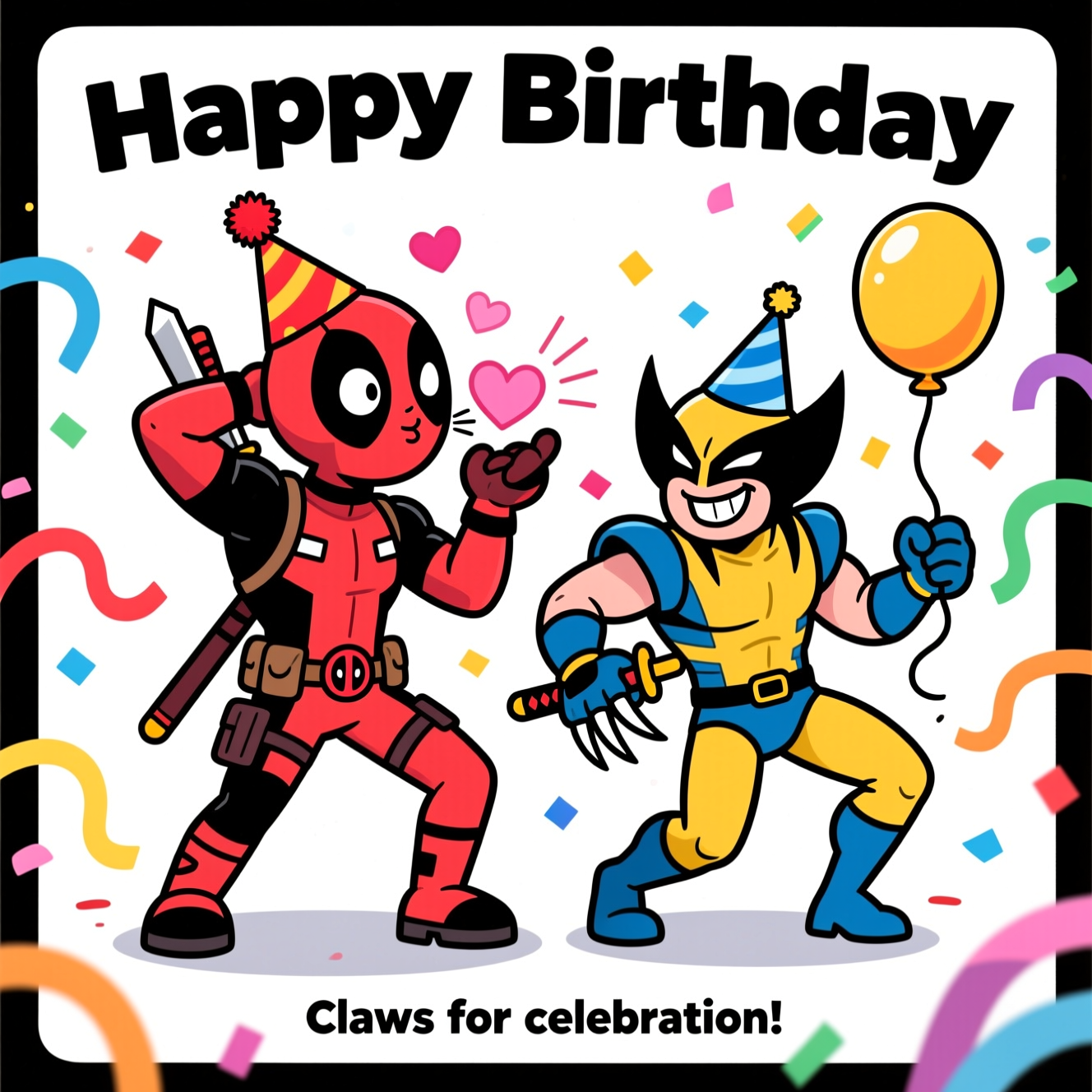 At the top of the Cartoon Style image, Happy Birthday

White background; playful comic-cartoon style with thick black outlines, bright saturated colors, exaggerated proportions, and a whimsical, energetic party mood.

Center-left: Deadpool striking an over-the-top flirty/sexy pose—hip cocked, one hand behind his head, the other hand blowing a heart-shaped kiss straight at the viewer; big expressive white eye-lenses; tiny floating pink hearts and motion lines; katanas sheathed on his back; a tilted red party hat with a confetti pom on top.

To Deadpool’s right: Wolverine mid-dance, knees bent with lively motion lines, a confident grin; holding a bright balloon by its string in one hand (claws retracted so it doesn’t pop); classic yellow-and-blue suit rendered in bold, saturated colors; optional blue party hat. Add swirling confetti and colorful streamers arcing around both characters.

Composition: large, central characters with plenty of clean white negative space; soft drop shadows under their feet; crisp vector-like linework; no background elements beyond confetti and streamers; high-contrast, punchy colors.

At the bottom of the image, add a small cheeky caption: Claws for celebration!
Generated with these themes: .
Made with ❤️ by AI.