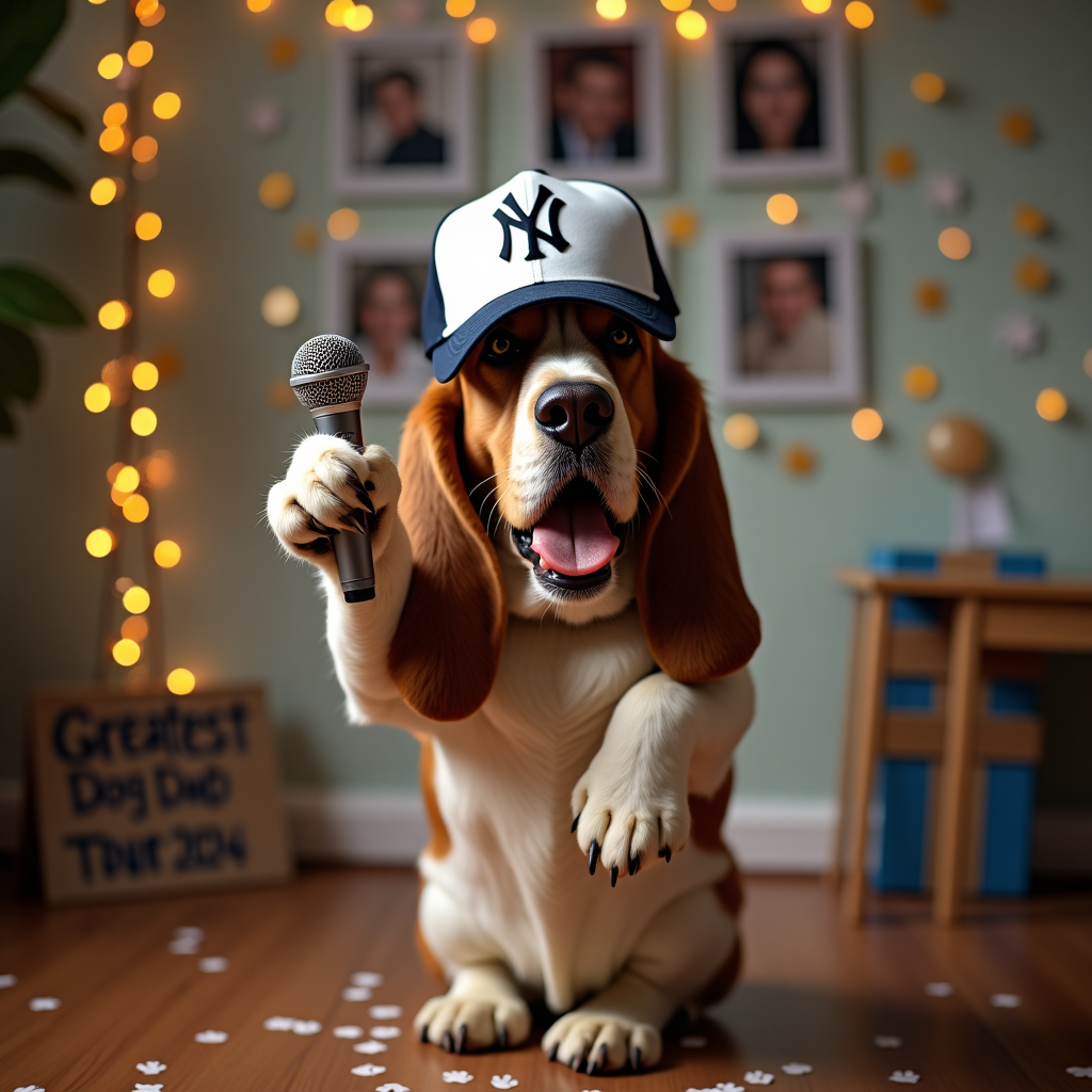A basset hound with a yankees hat singing about what a great dog dad you are Birthday Card